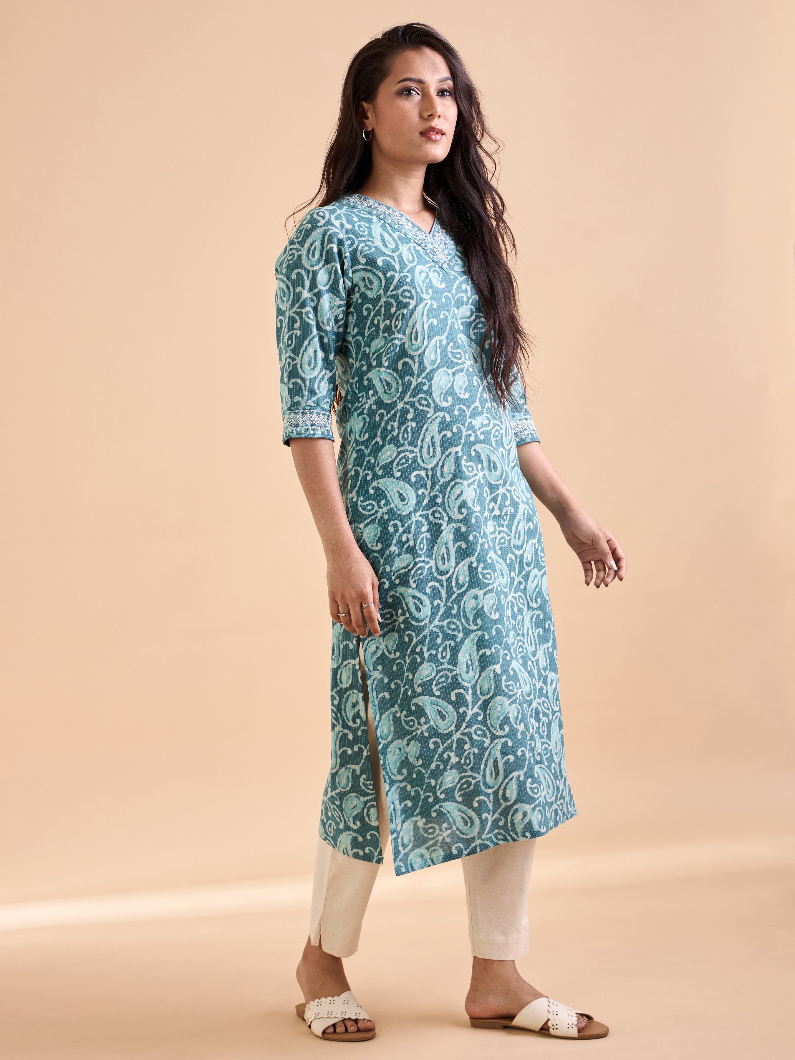 Aqua green Cotton Katha Printed Kurti With Embroidery Sequins Work