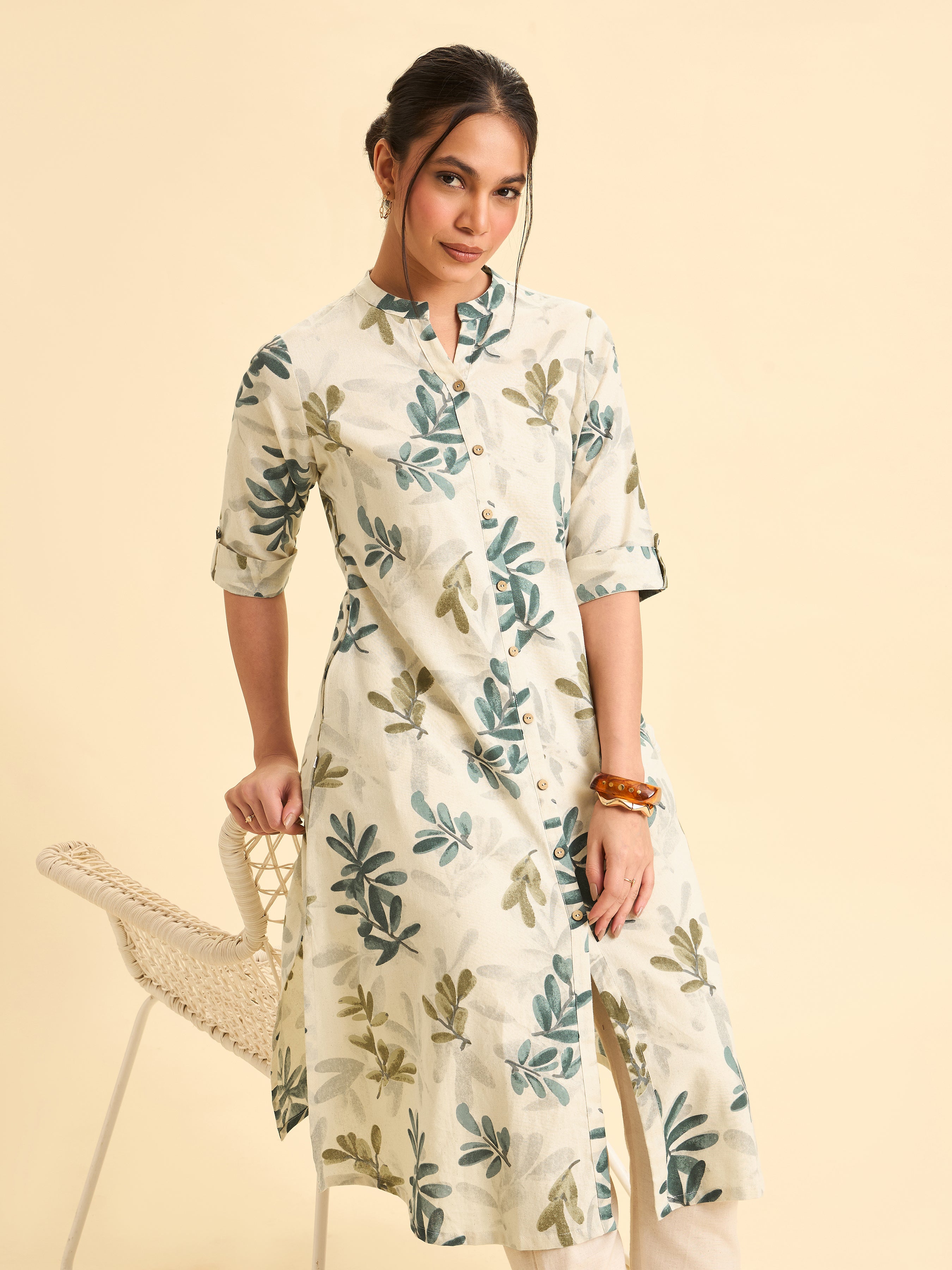 Ivory Cotton Flax Flared Kurti With Multi Colour Print And Curved Hem