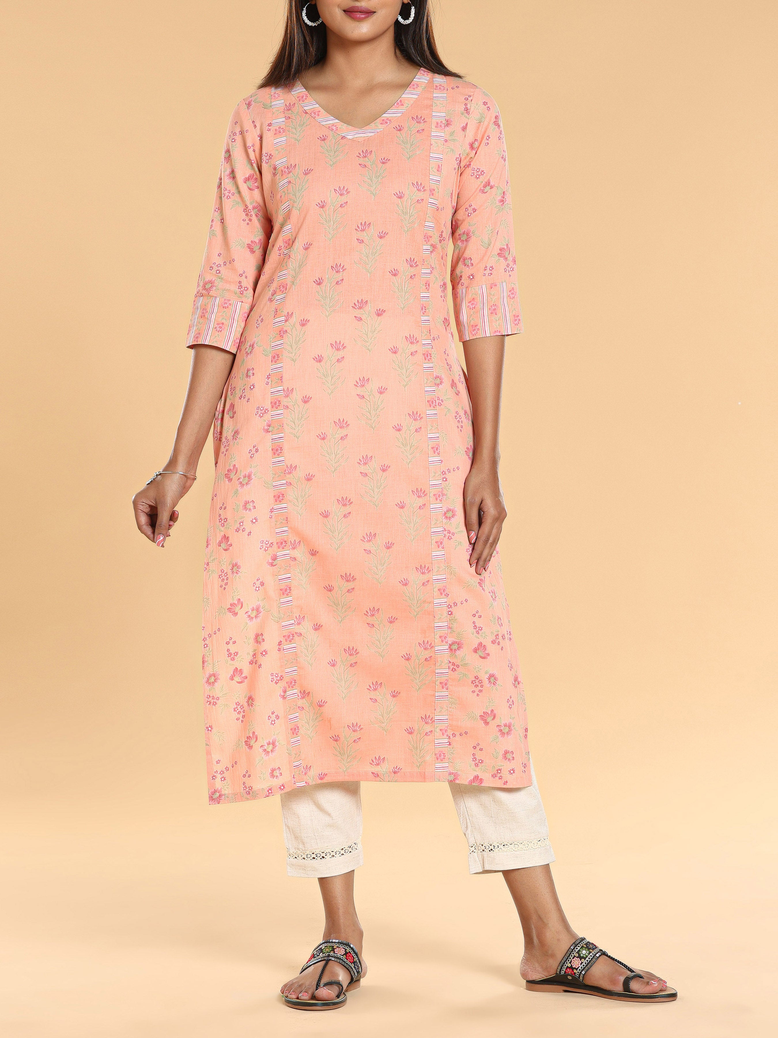 Peach Pure Cotton Printed Kurti With Panel Cut