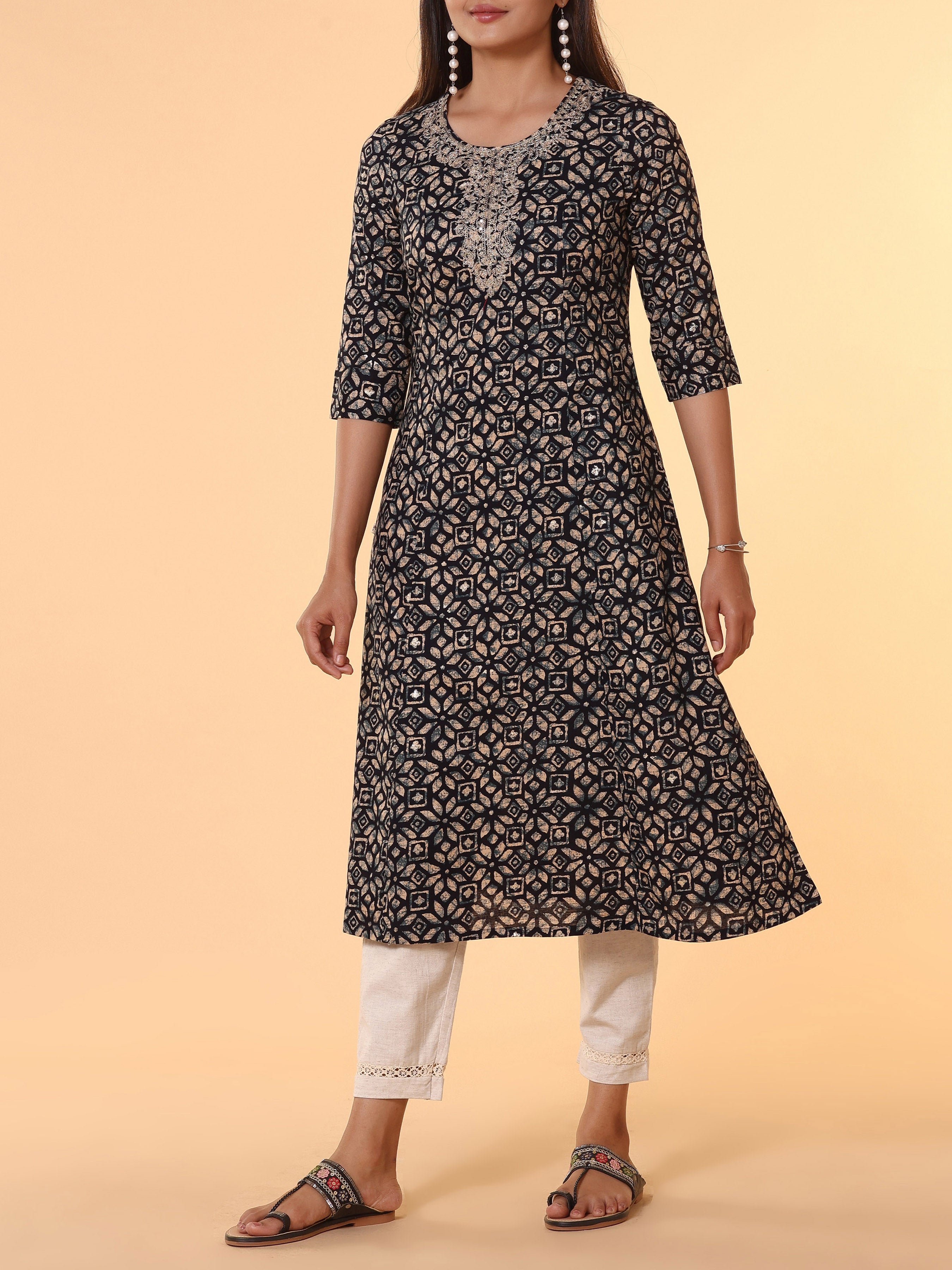 Navy Blue Pure Cotton Printed Kurti With Embroidery