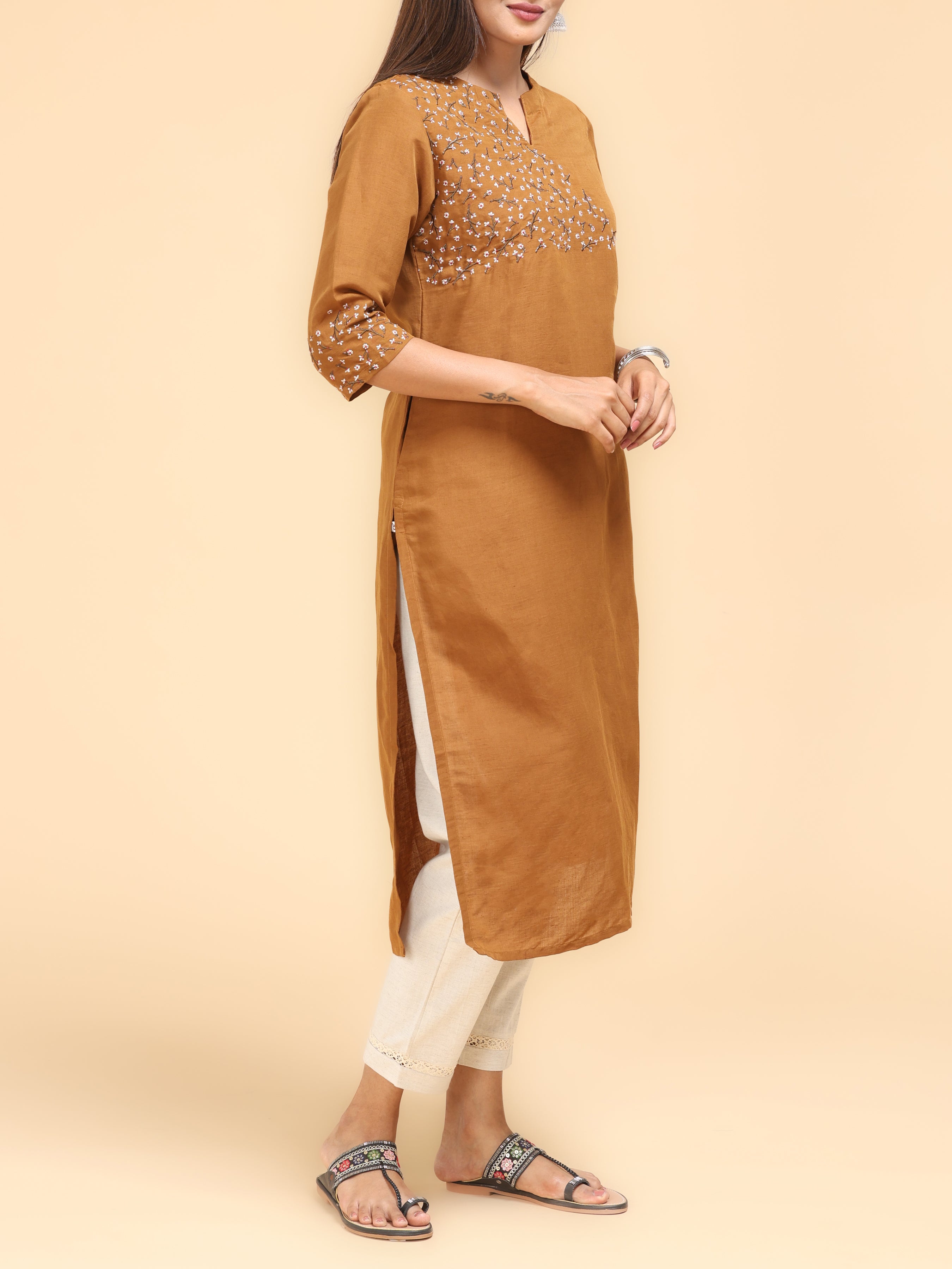 Orange Cotton Linen Kurti With Embroidery