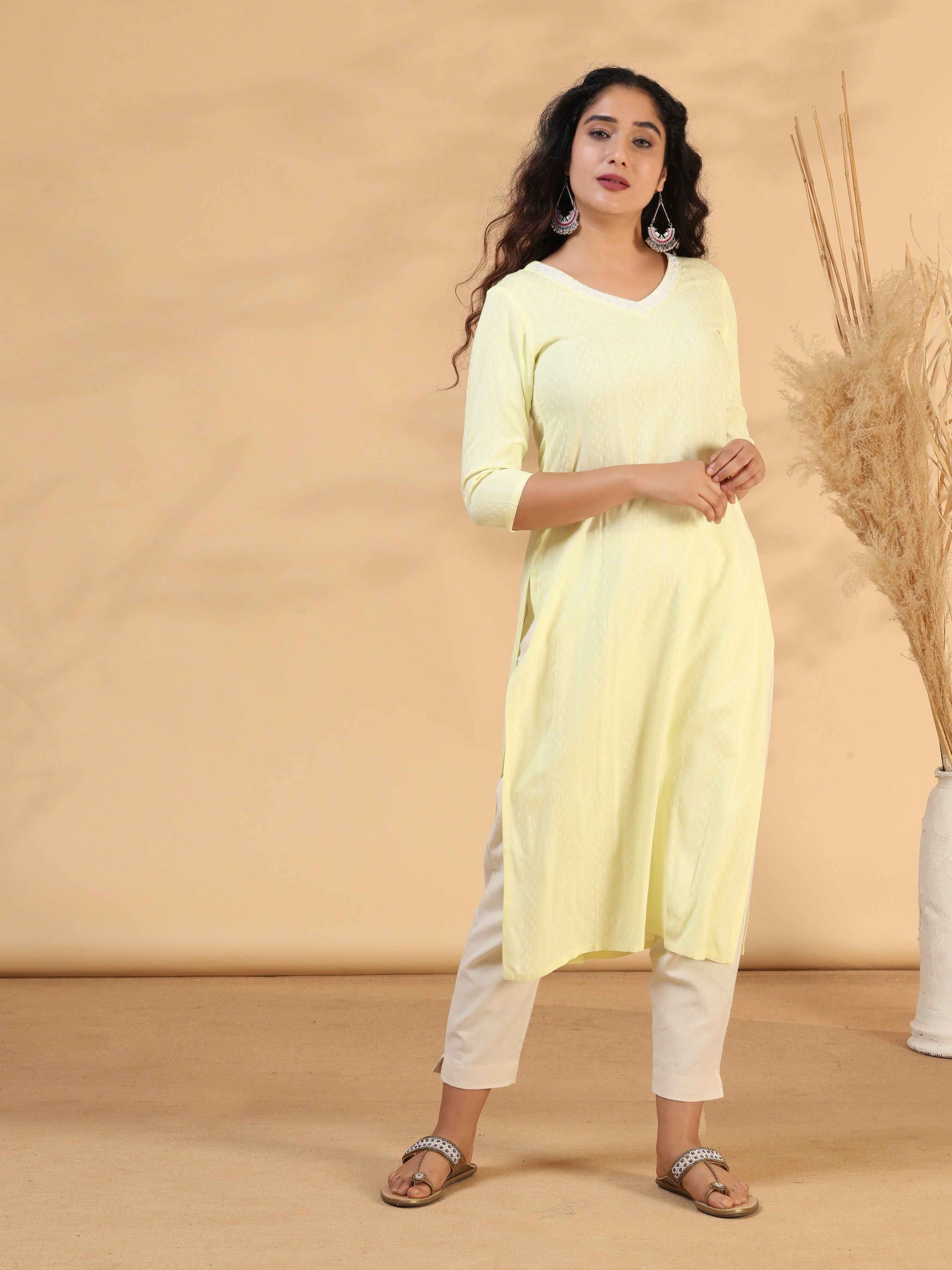 Lemon Yellow Rayon Kurti With Embroidery