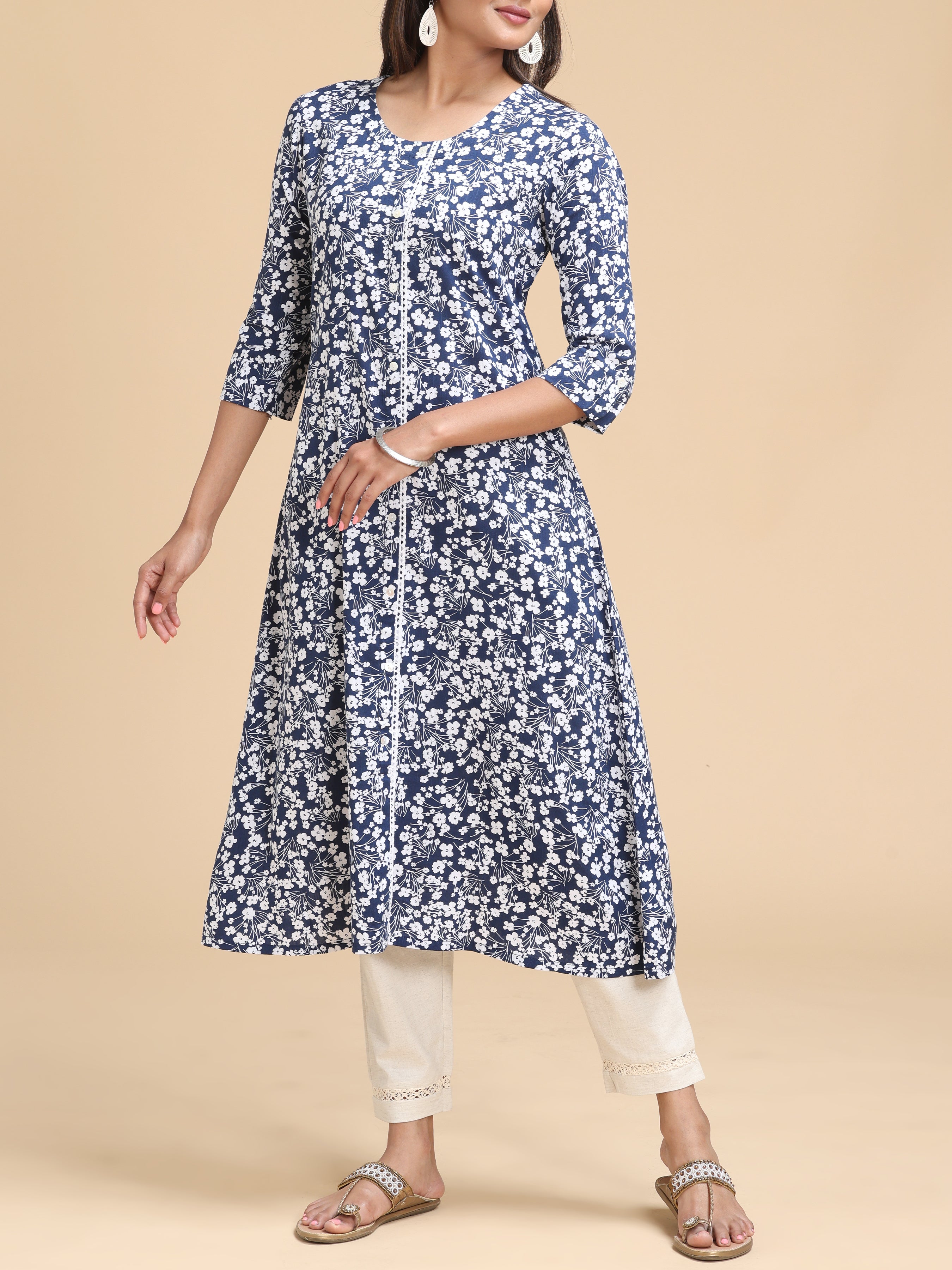 Midnight Blue Viscose Slub Kurti With Floral Print