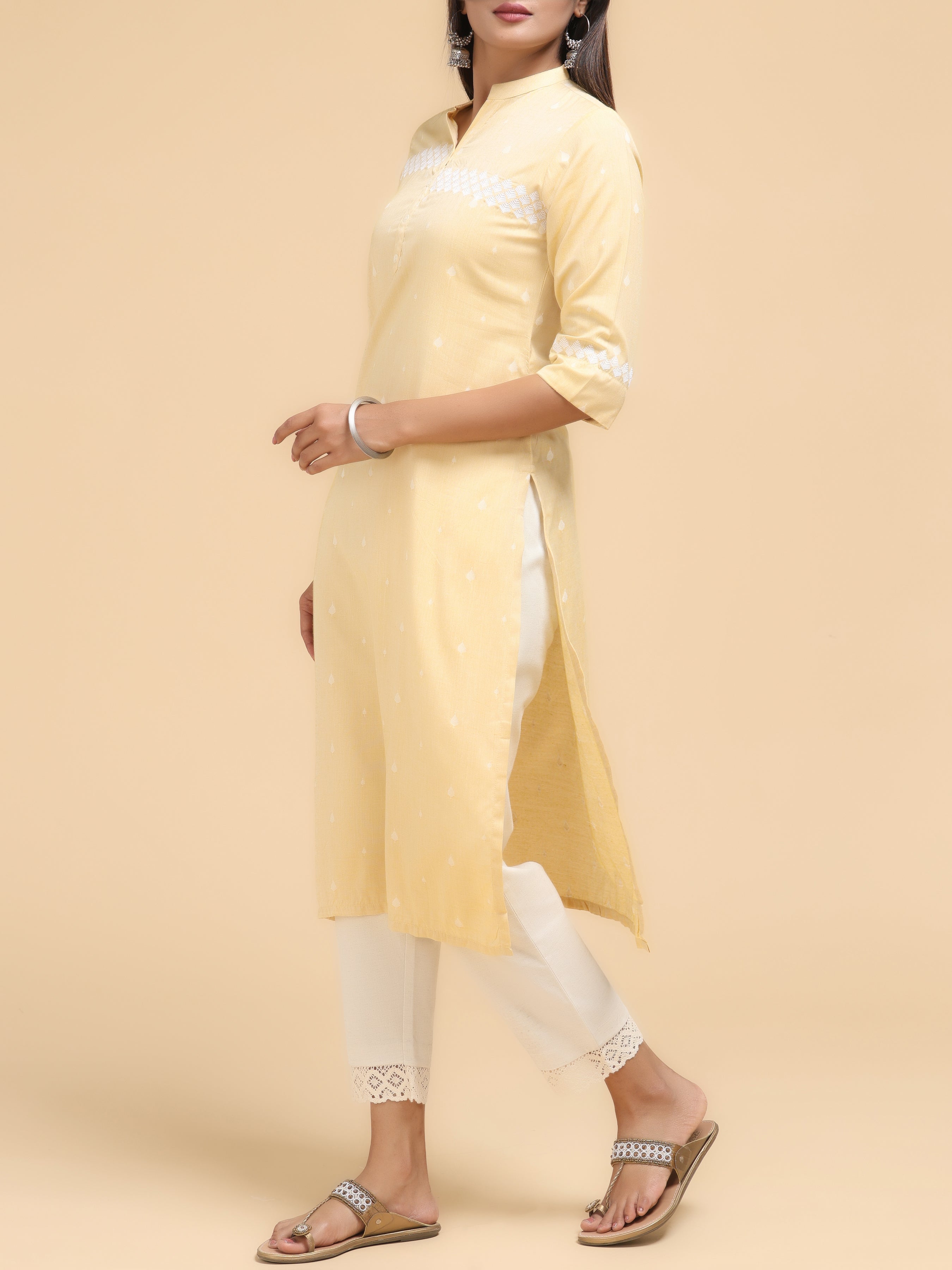 Lemon Yellow Pure Cotton Kurti With Embroidery