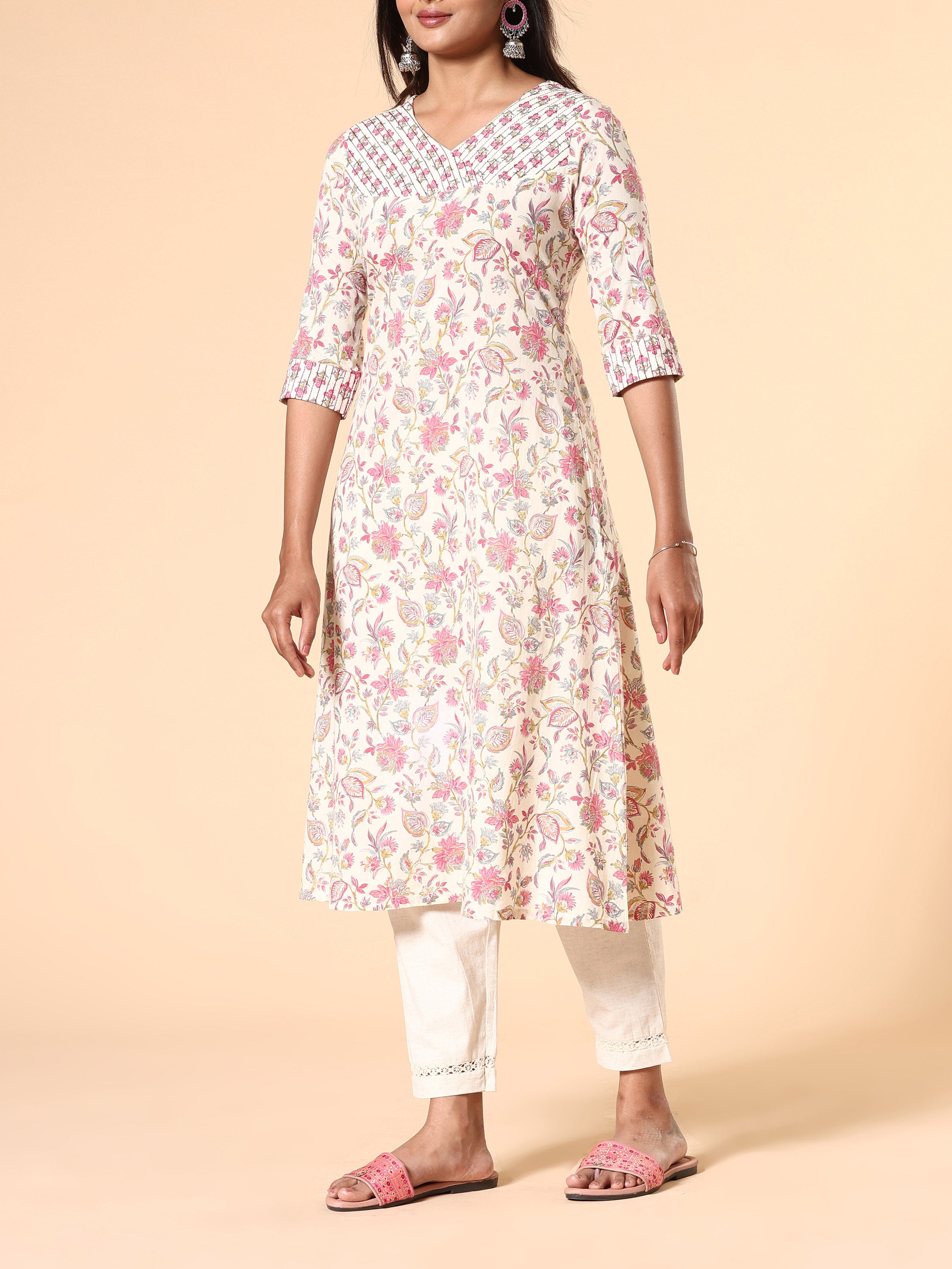 Pink Pure Cotton Printed Kurti With Embroidery