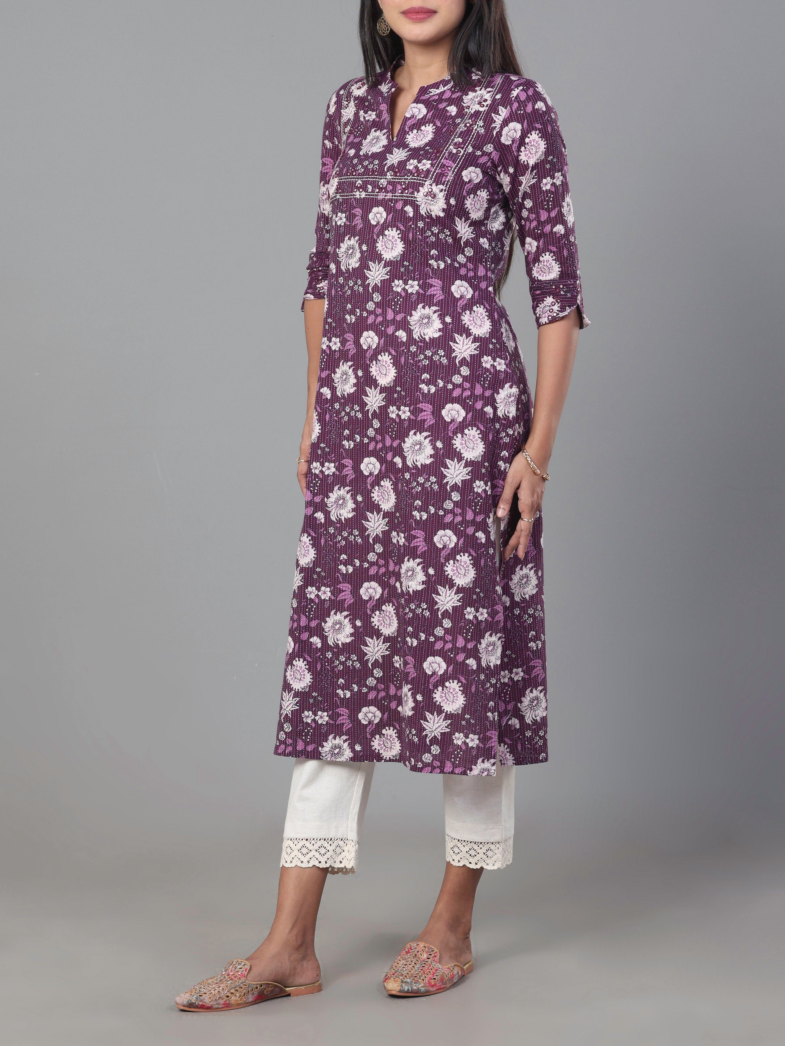 Purple Pure Cotton Printed Kurti With Embroidery