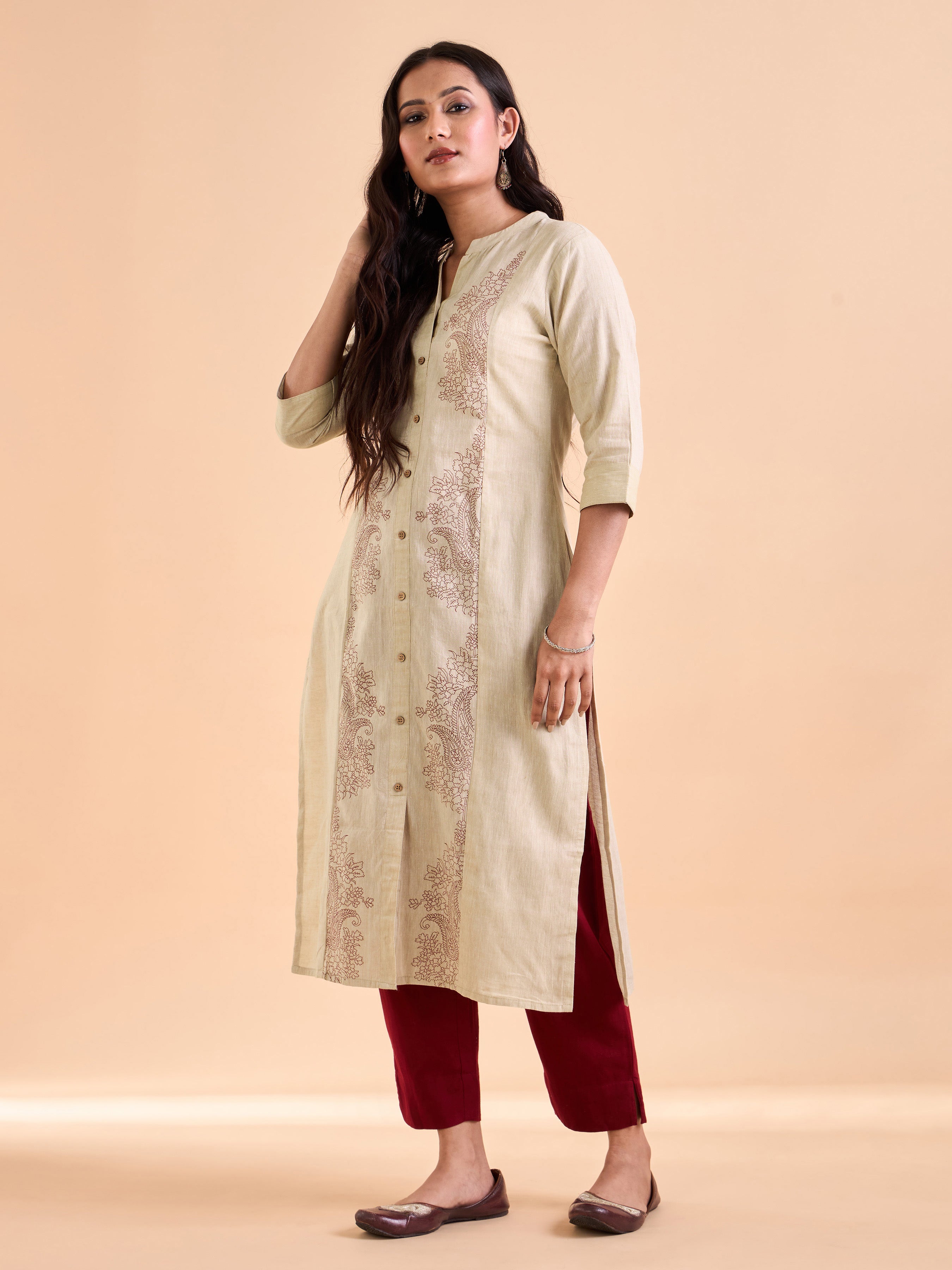 Beige Pure Cotton Kurti With Print
