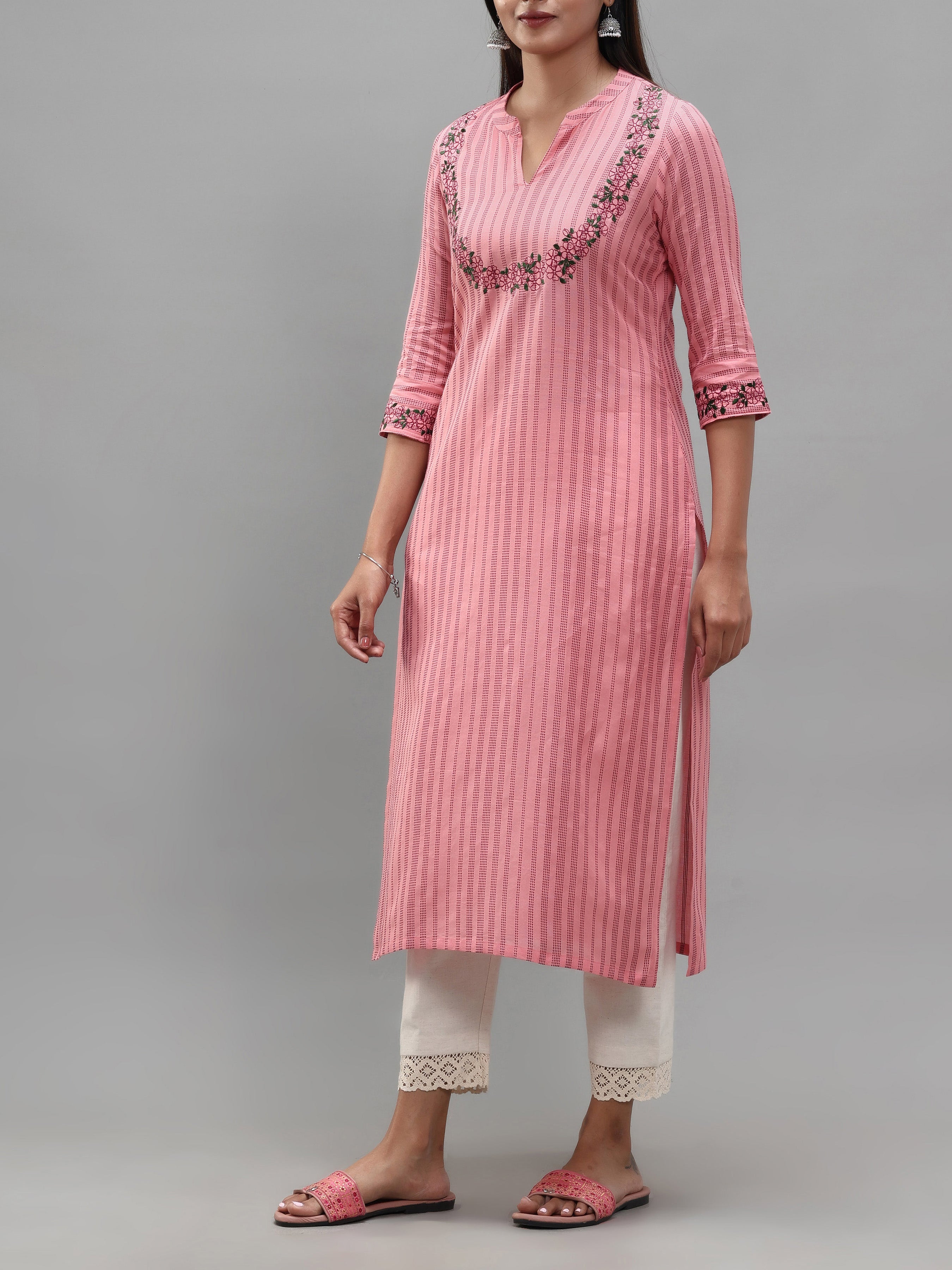 Pink Cotton Dobby Kurti With Embroidery