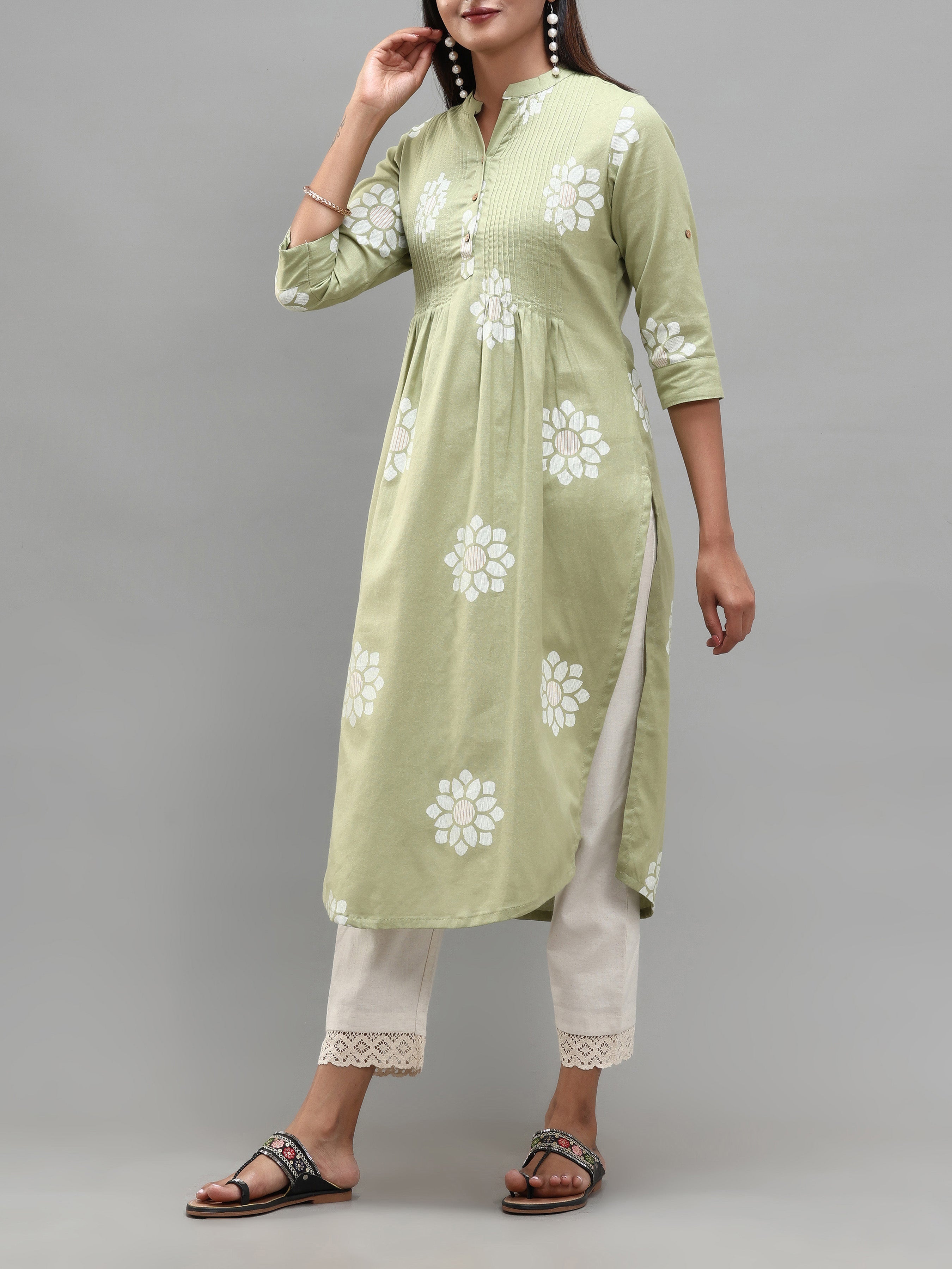 Green Cotton Flax Kurti With Print