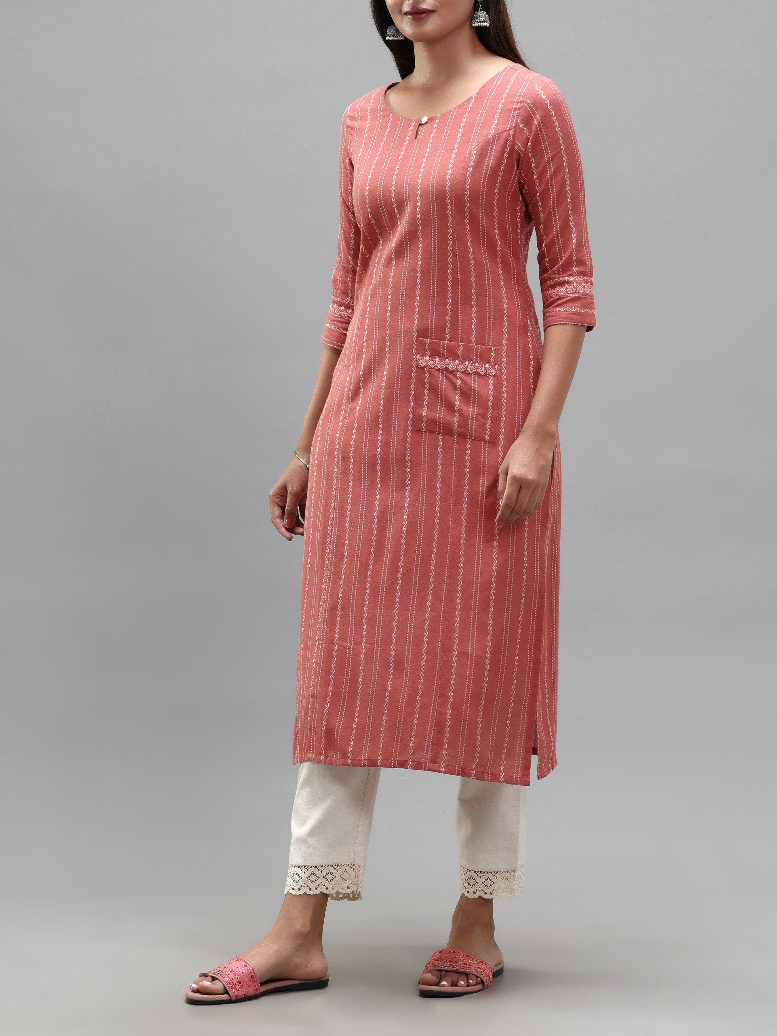 Onion Pink Cotton Dobby Kurti With Embroidery