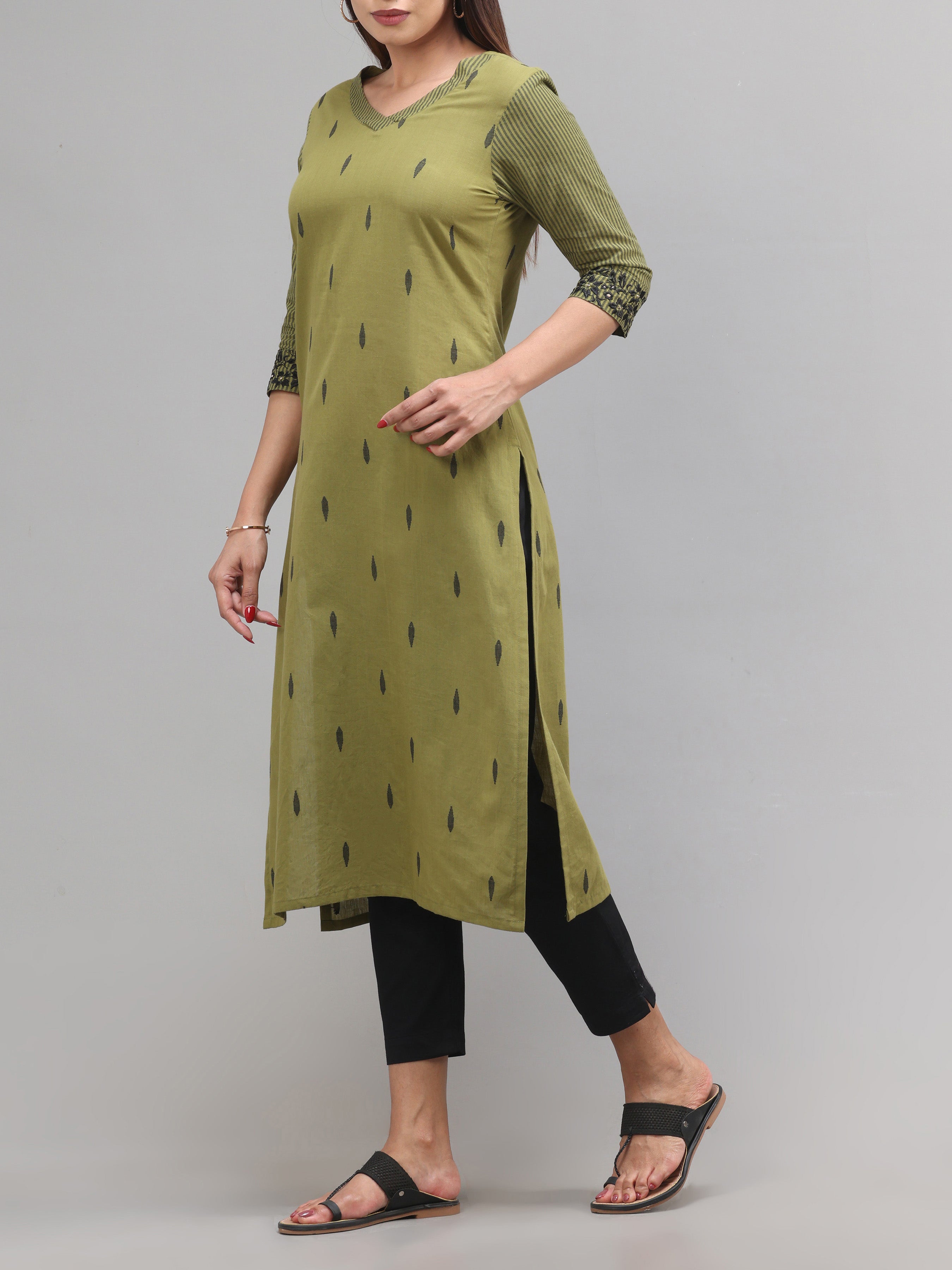 Olive Green Cotton Dobby Kurti With Print