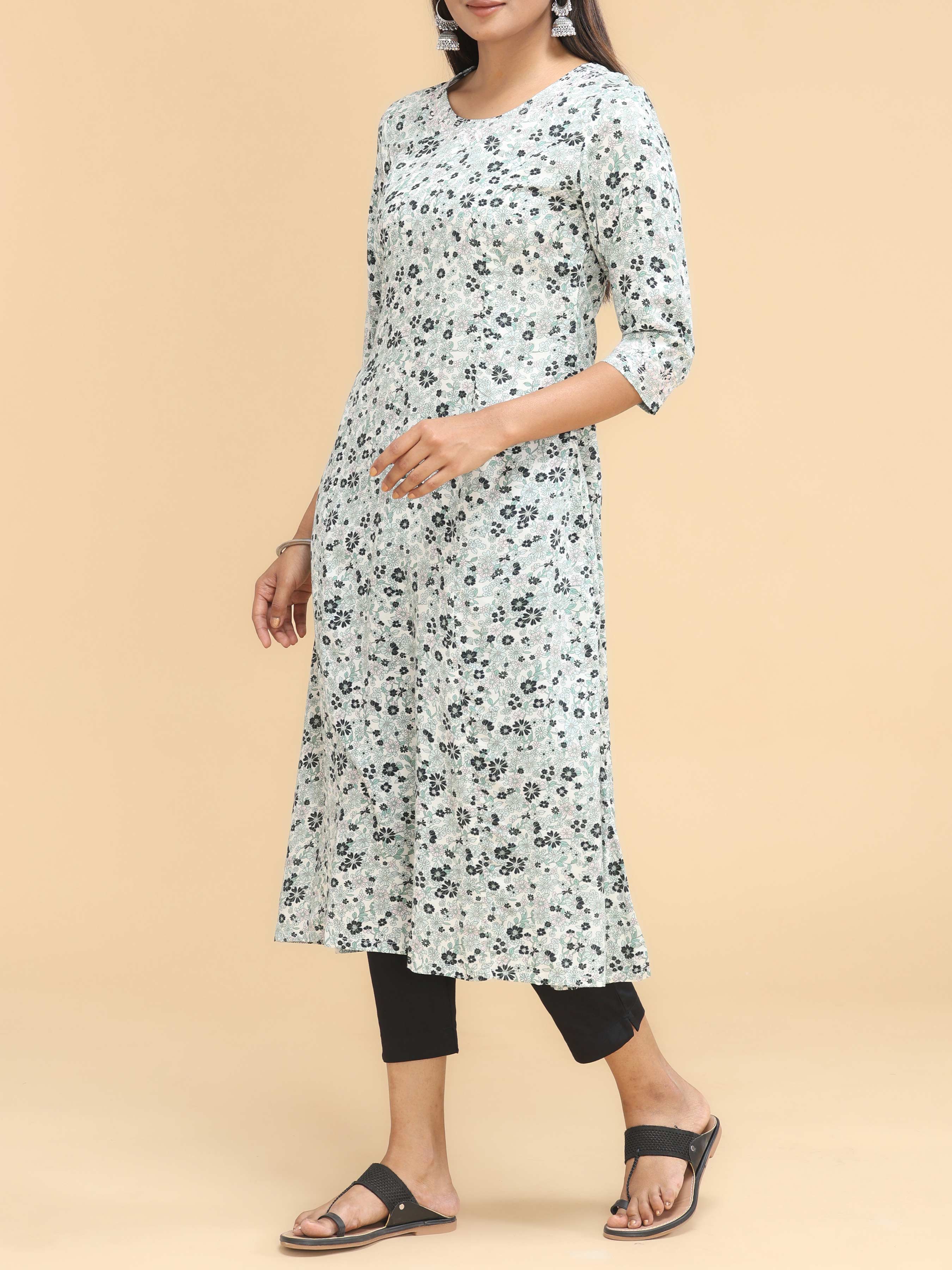 Multi-Colour Cotton Falx Floral Printed Princess Cut Kurti With Embroidery