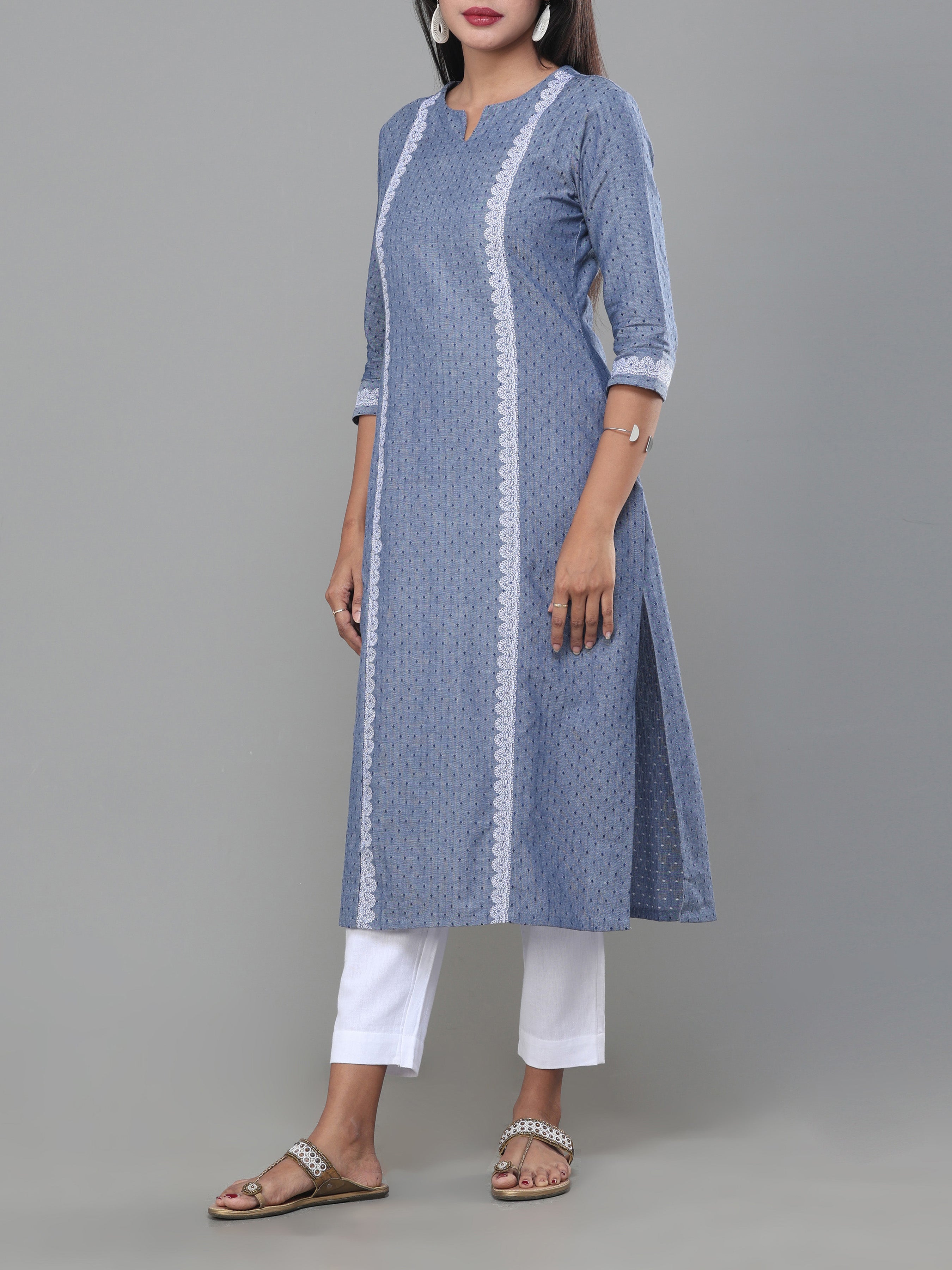 Denimblue Cotton Dobby Kurti With Embroidery
