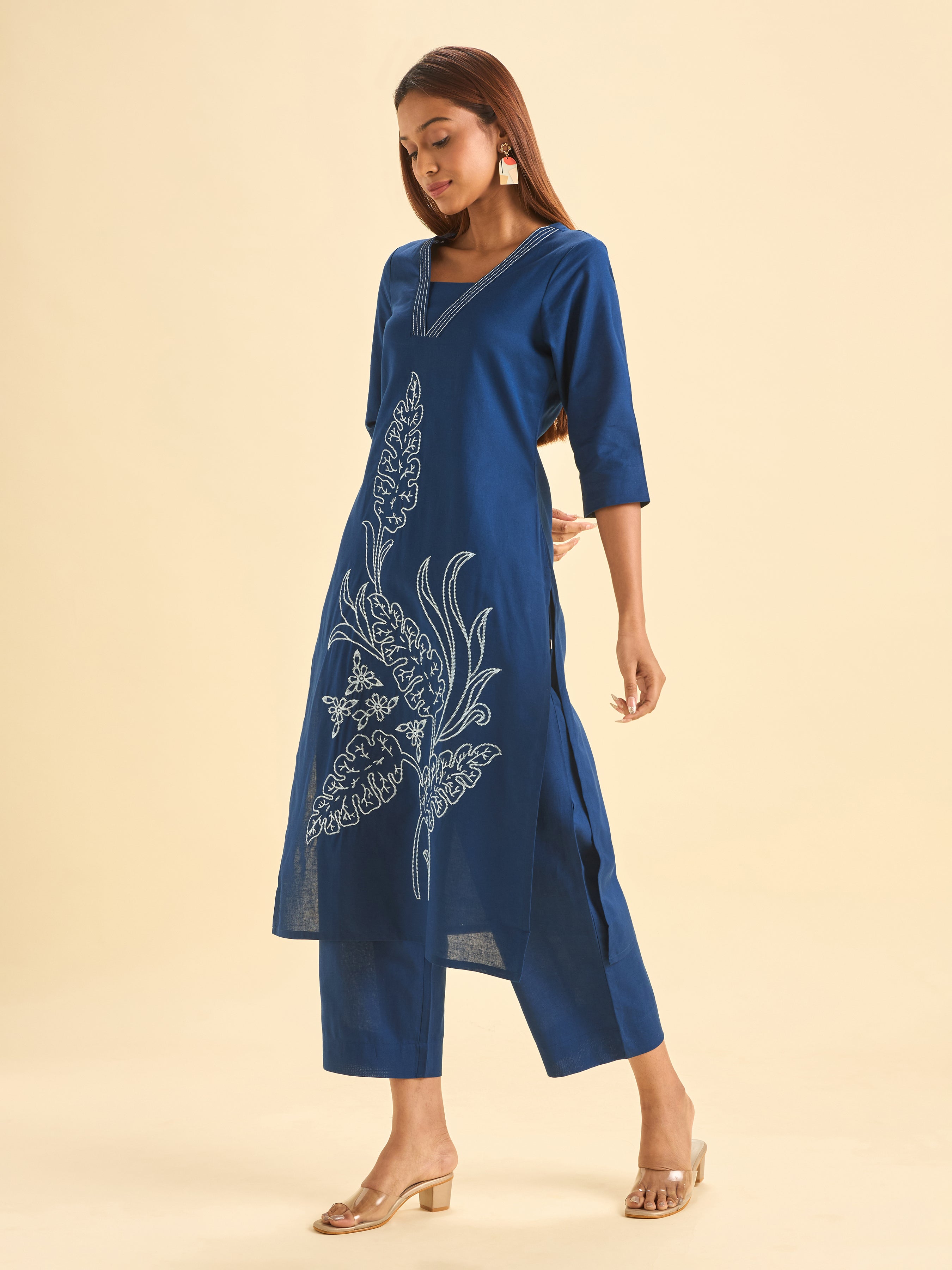 Navy Blue Cotton Flax Slit Kurti Set With Embroidery