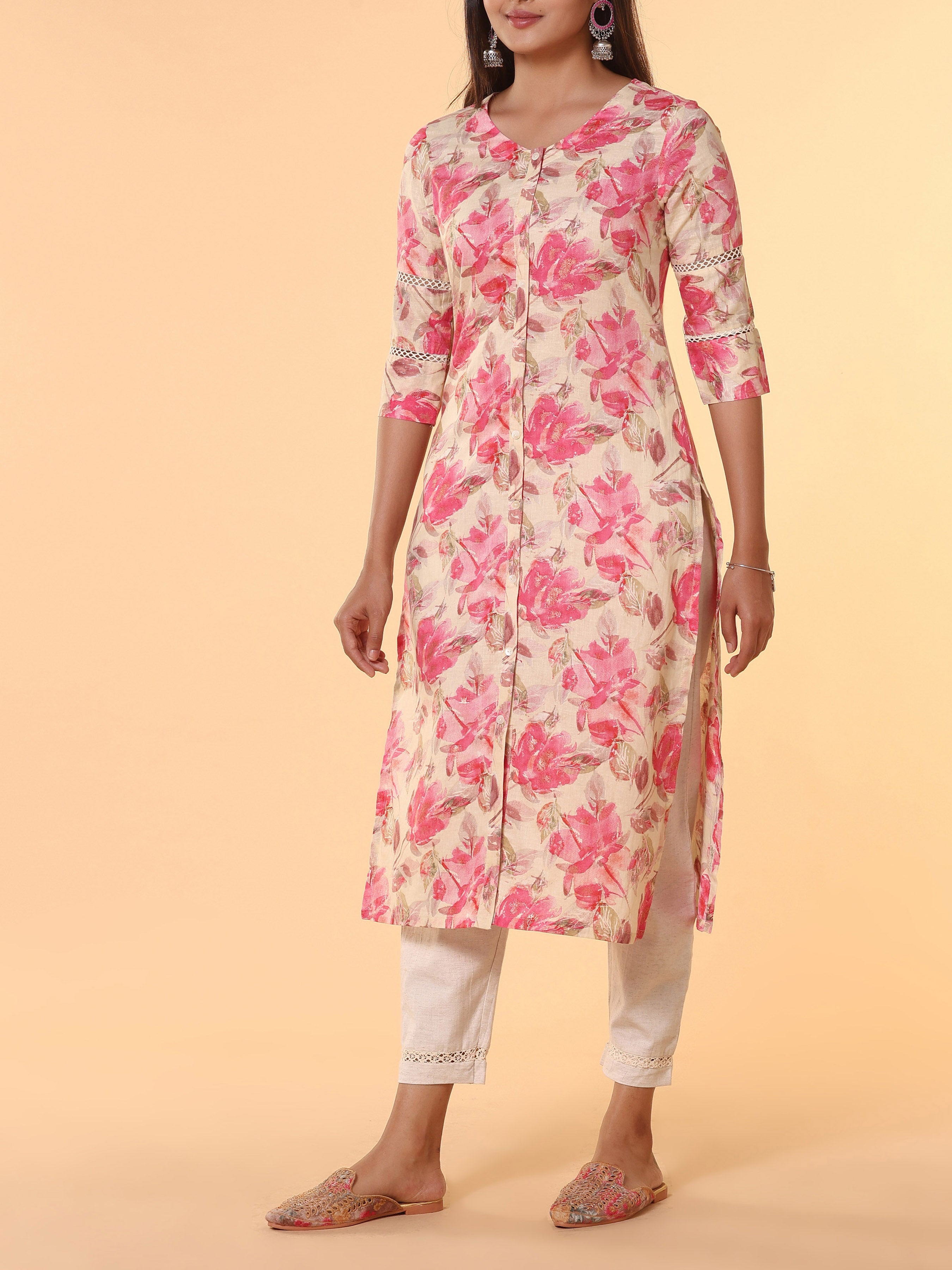 Multi Colour Pure Cotton Printed Kurti With Lace Detailing