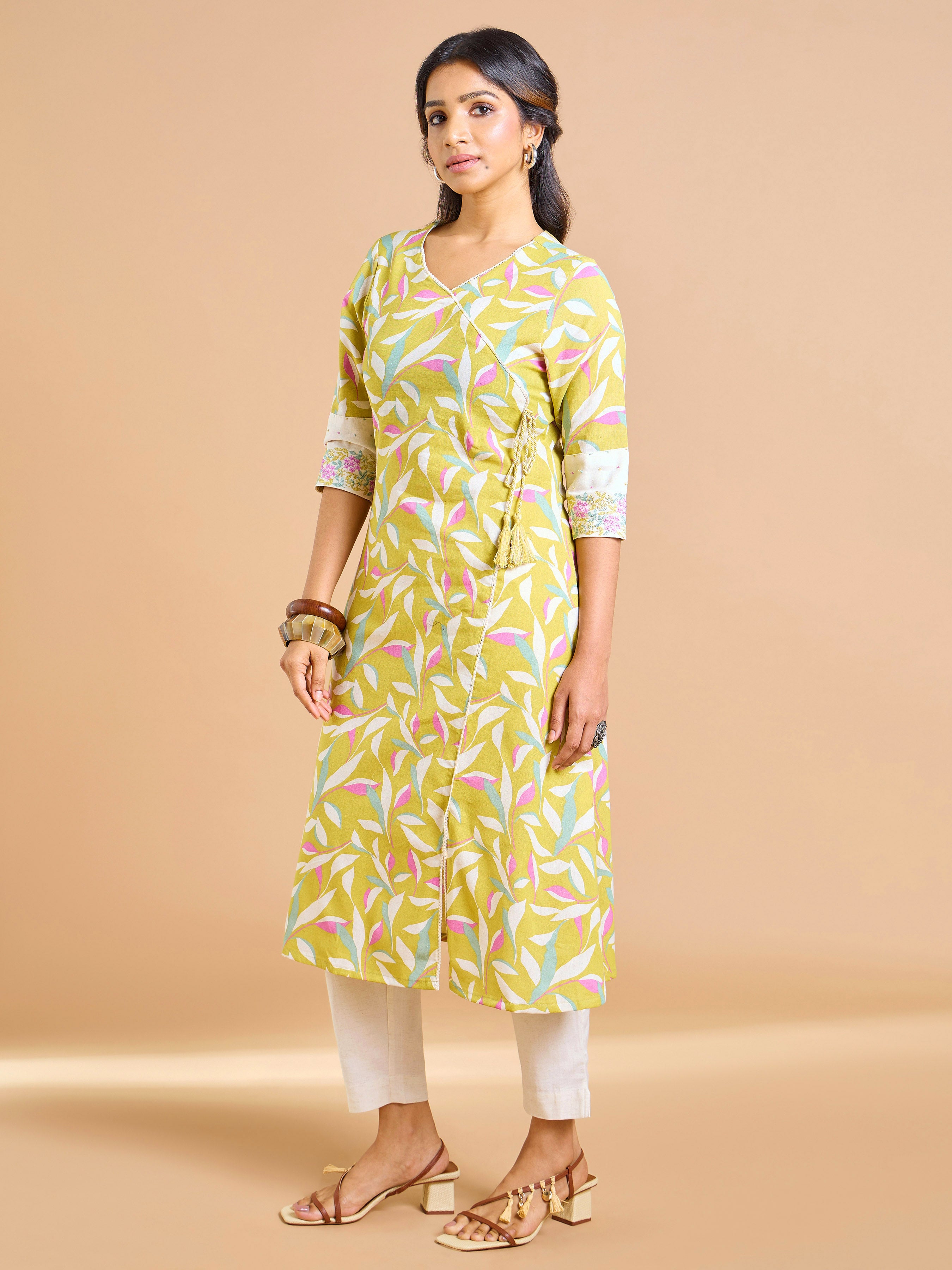 Mustard Green Cotton Flax Printed Kurti With Embroidery