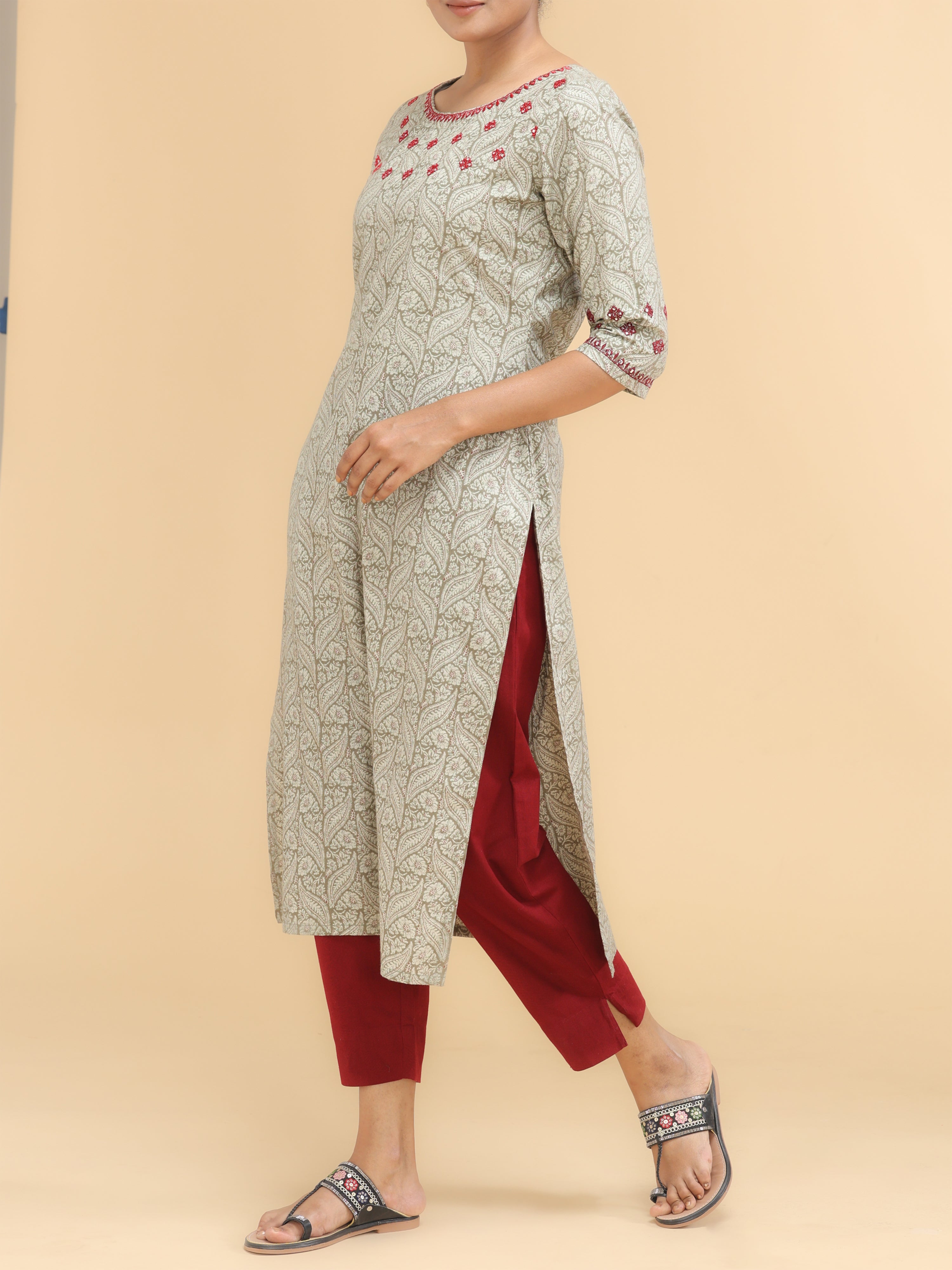 Beige Pure Cotton Printed Kurti With Embroidery