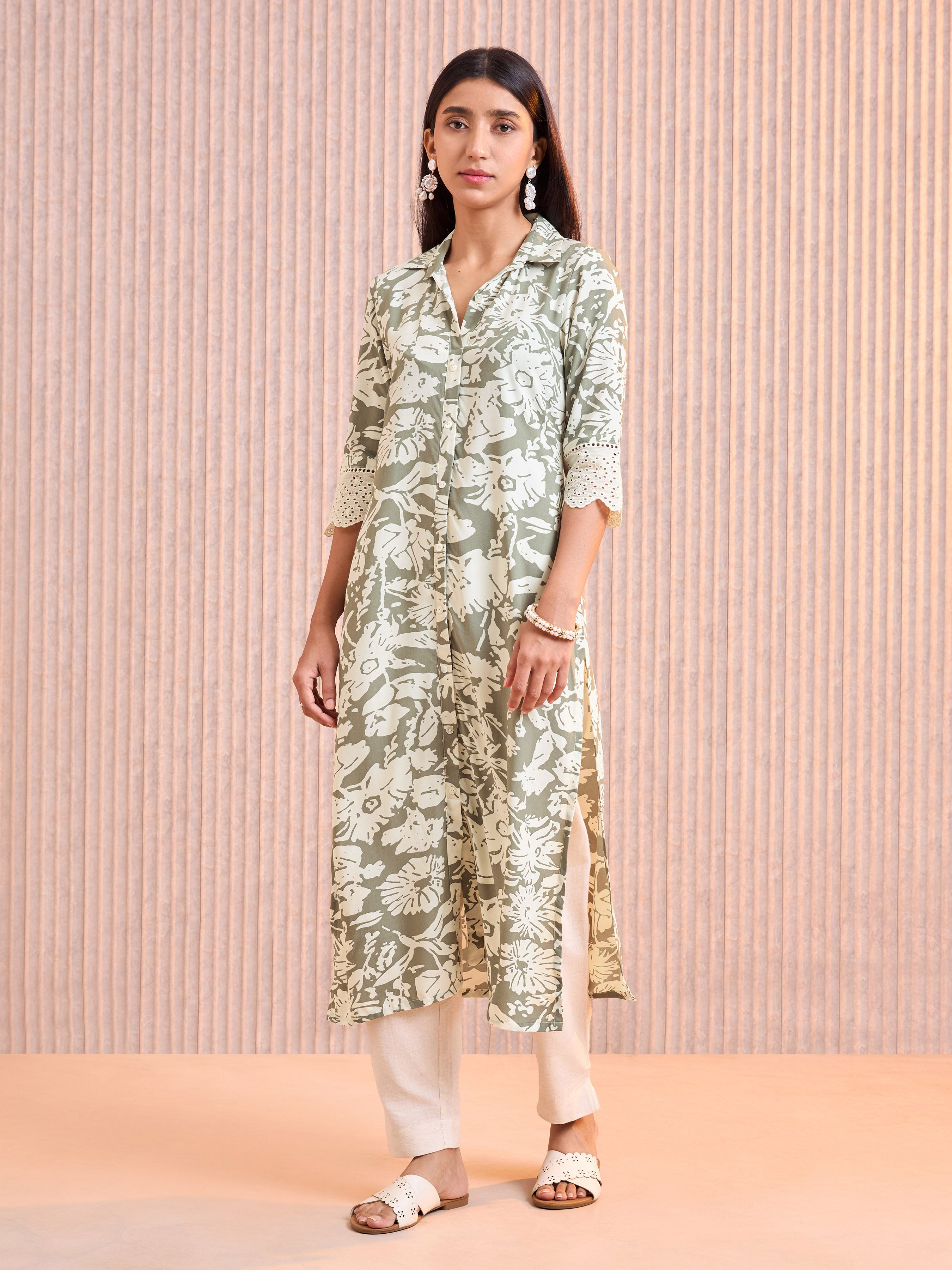 Olive Green Viscose Printed Kurti With Lace