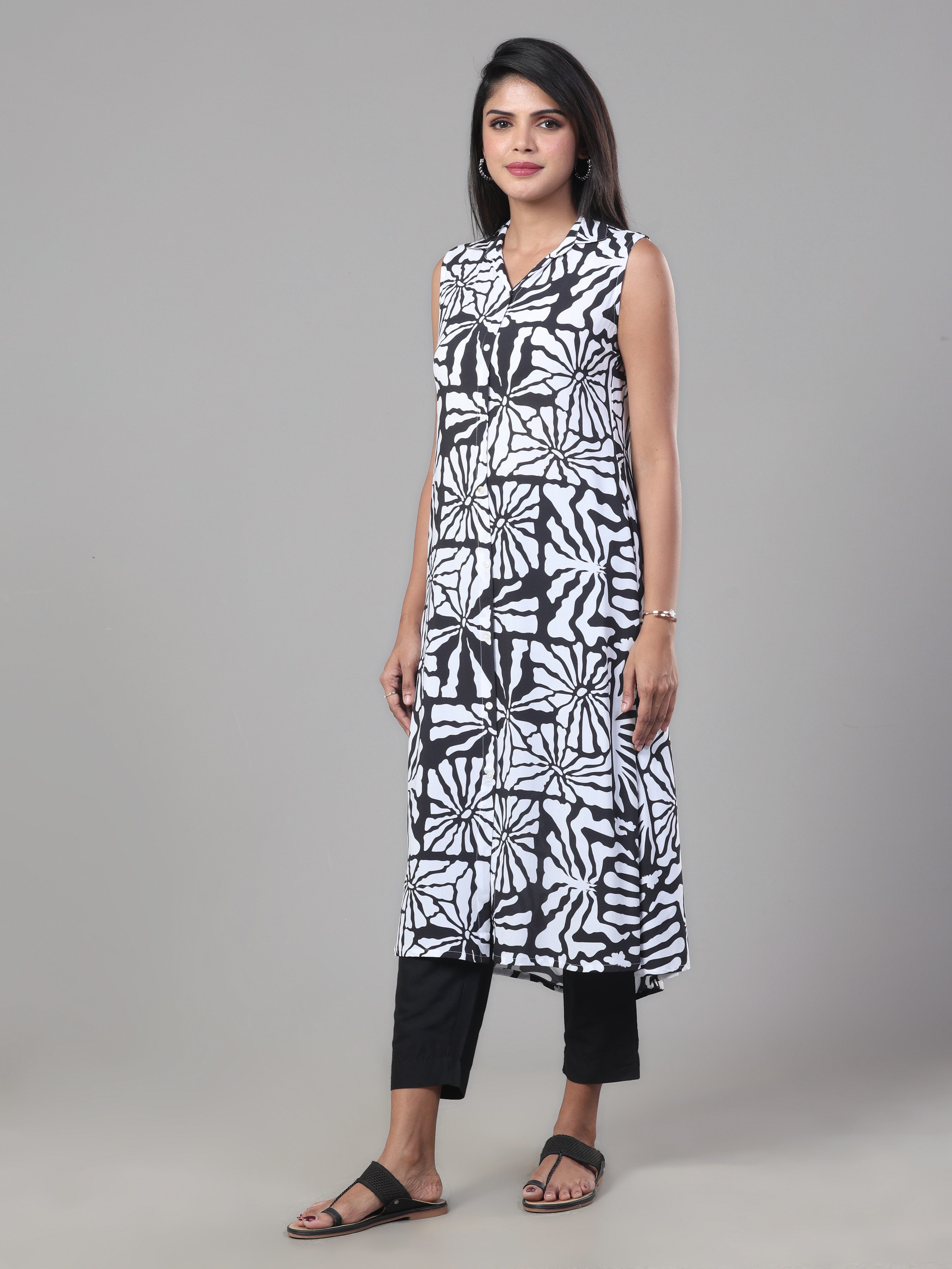 Black And White Viscose Printed Kurti