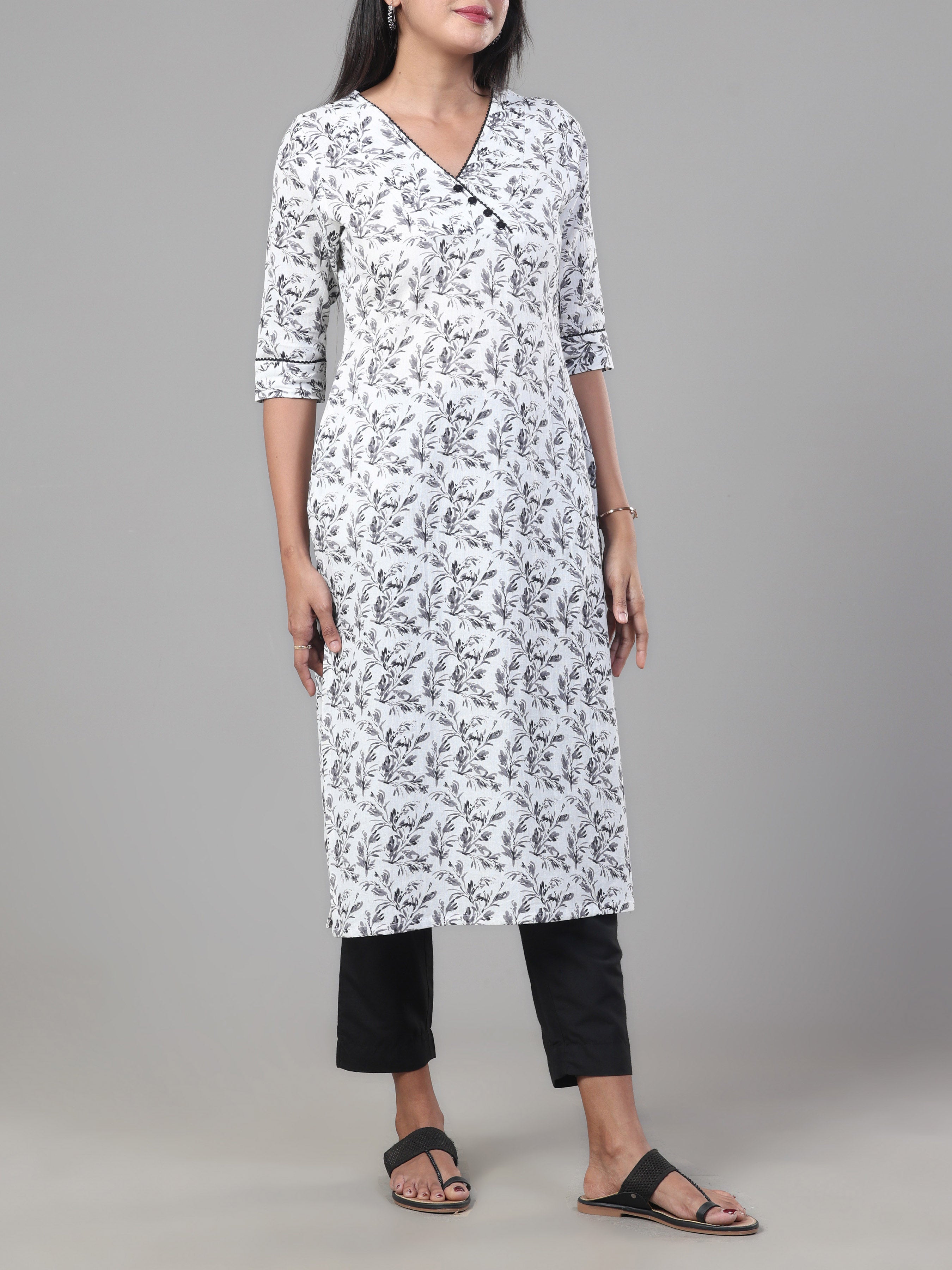 White Cotton Flax Printed Kurti With Lace Detailing