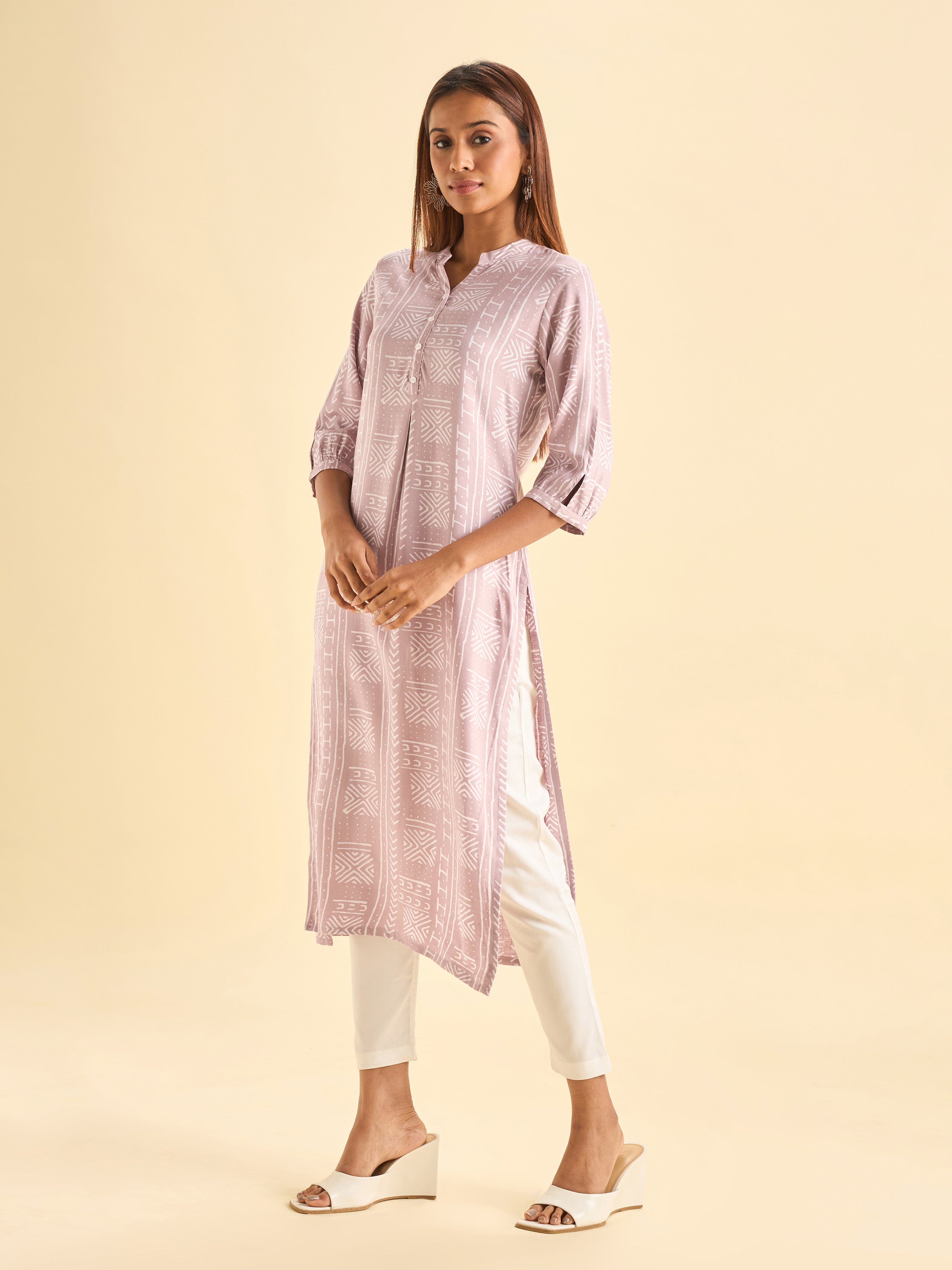 Onion Pink And Ivory Tencel Print Slited Kurti With Box Pleat