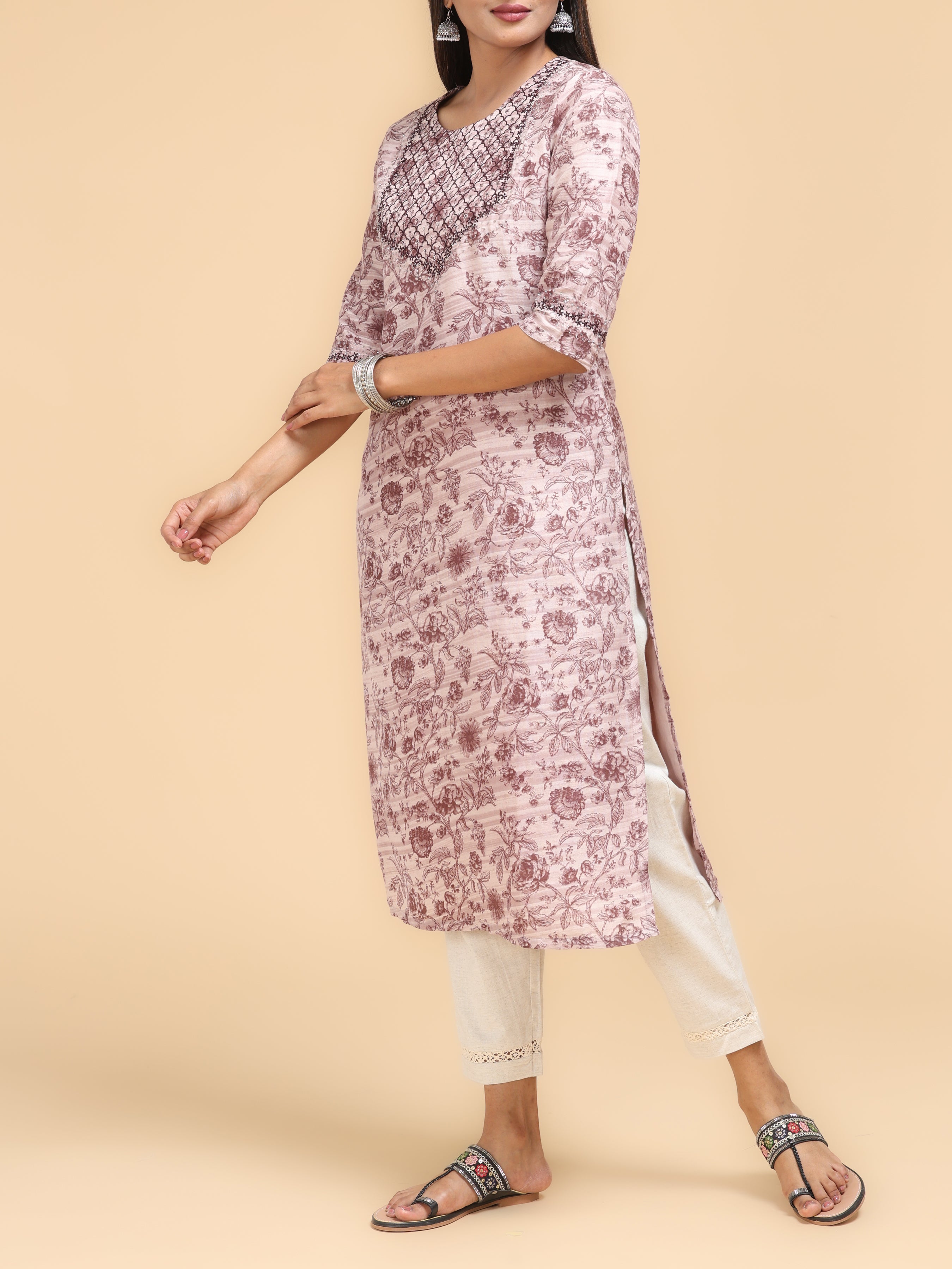 Brown Viscose Linen Printed Kurti With Embroidery