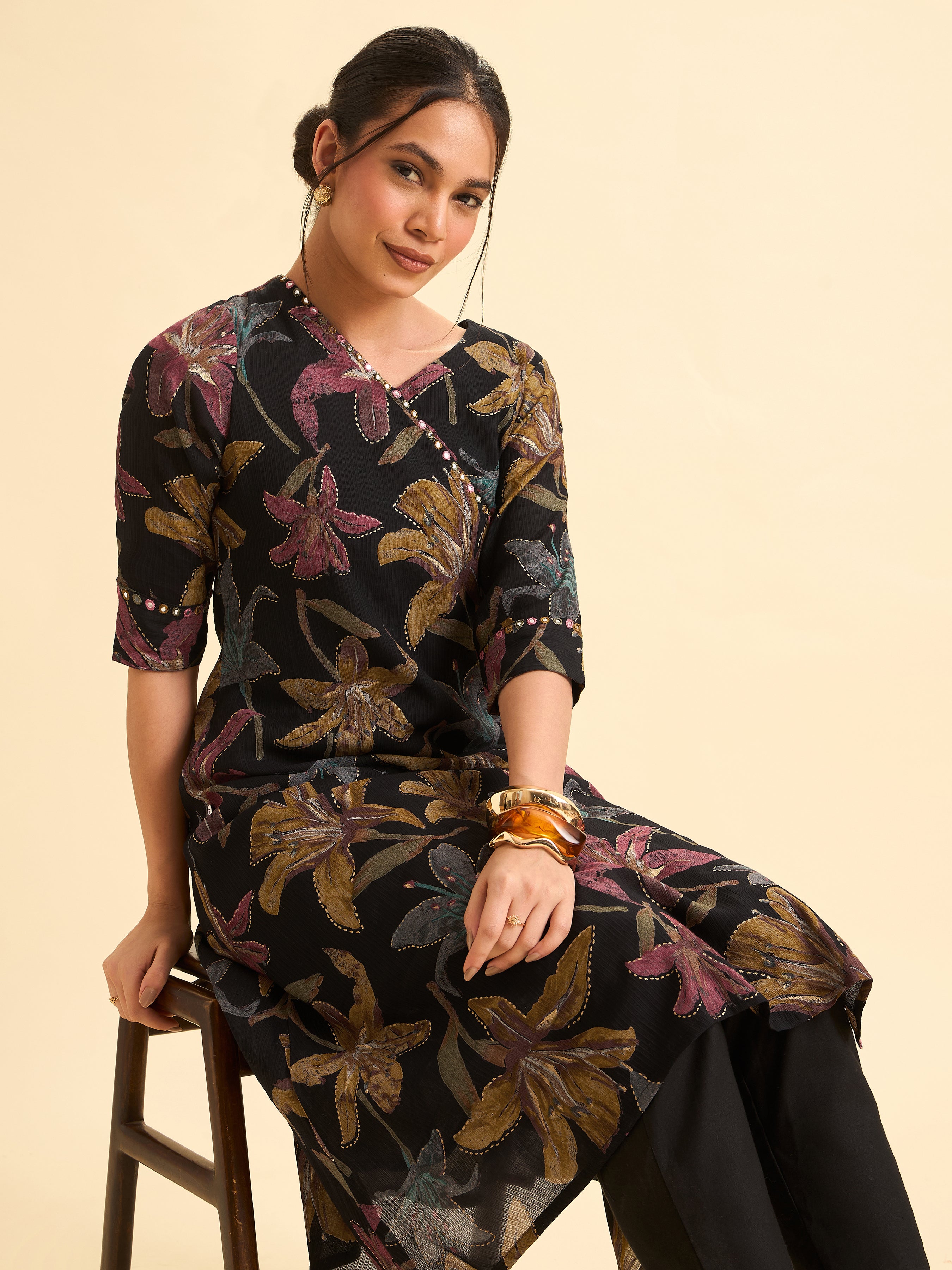 Black Viscose BlendMulti Colour Printed Flared Kurti With Mirror Work