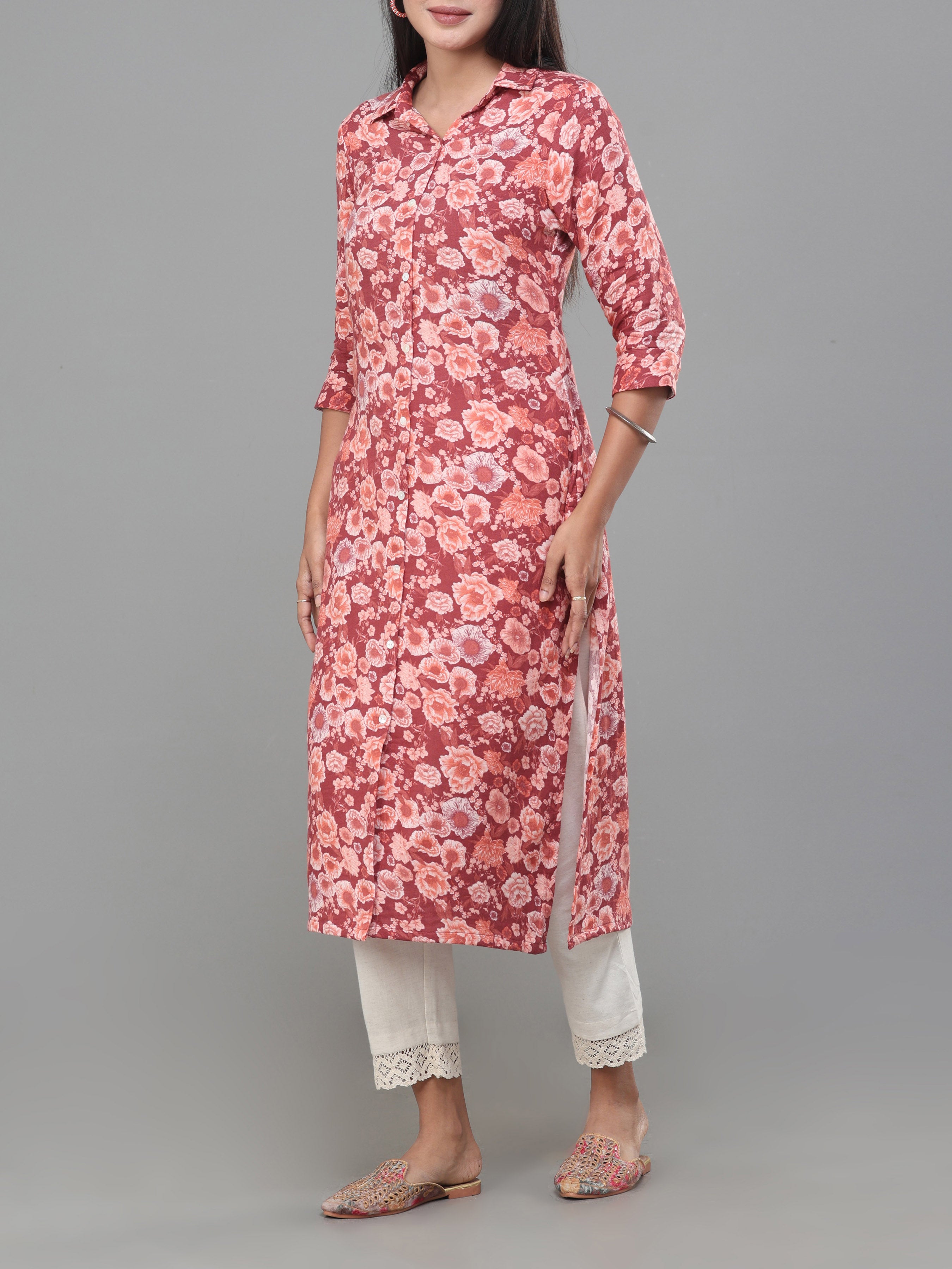Brick Red Double Cotton Printed Kurti With Center Cut