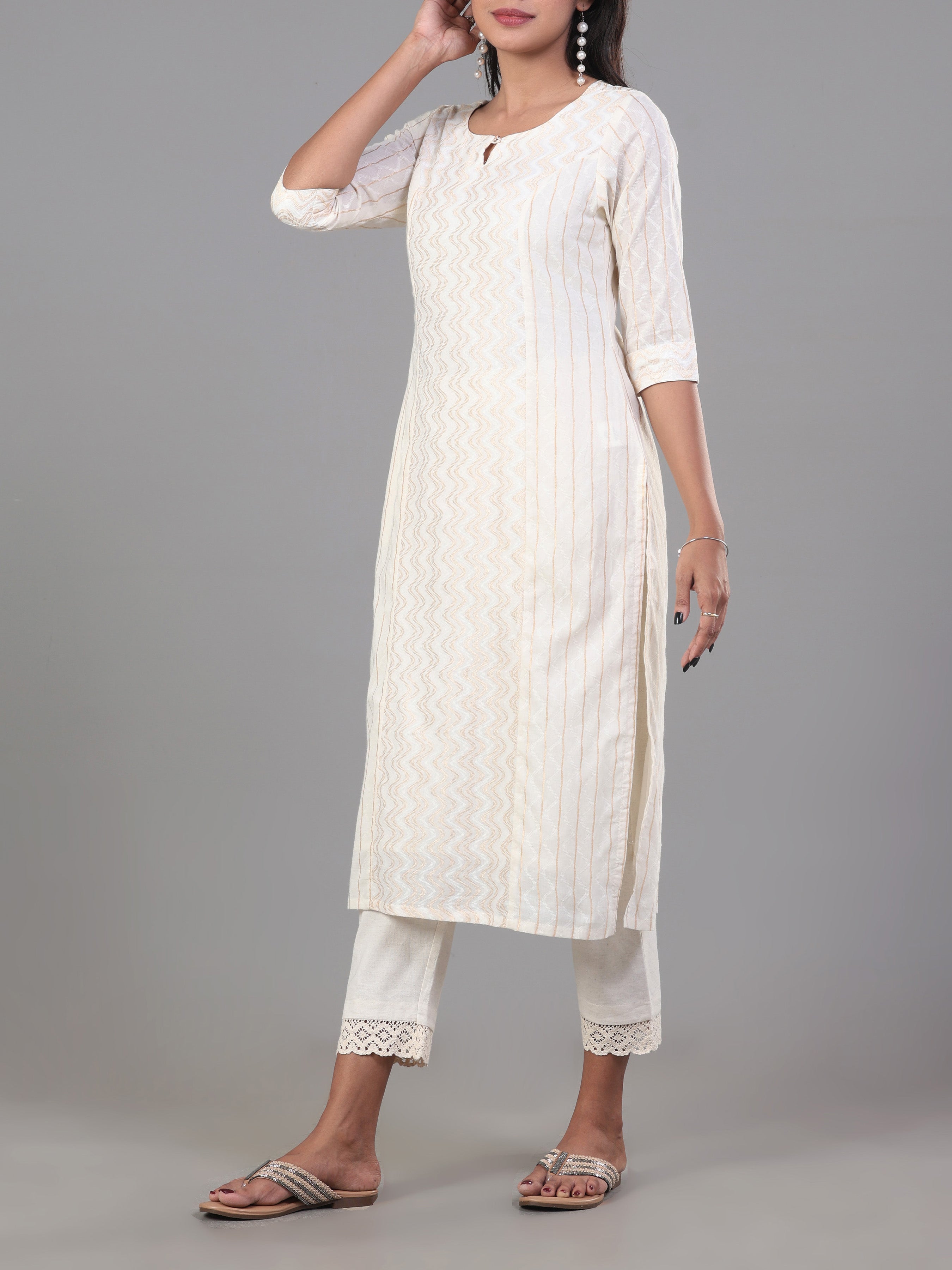 Ivory Cotton Jacquard Kurti With Princess Cut