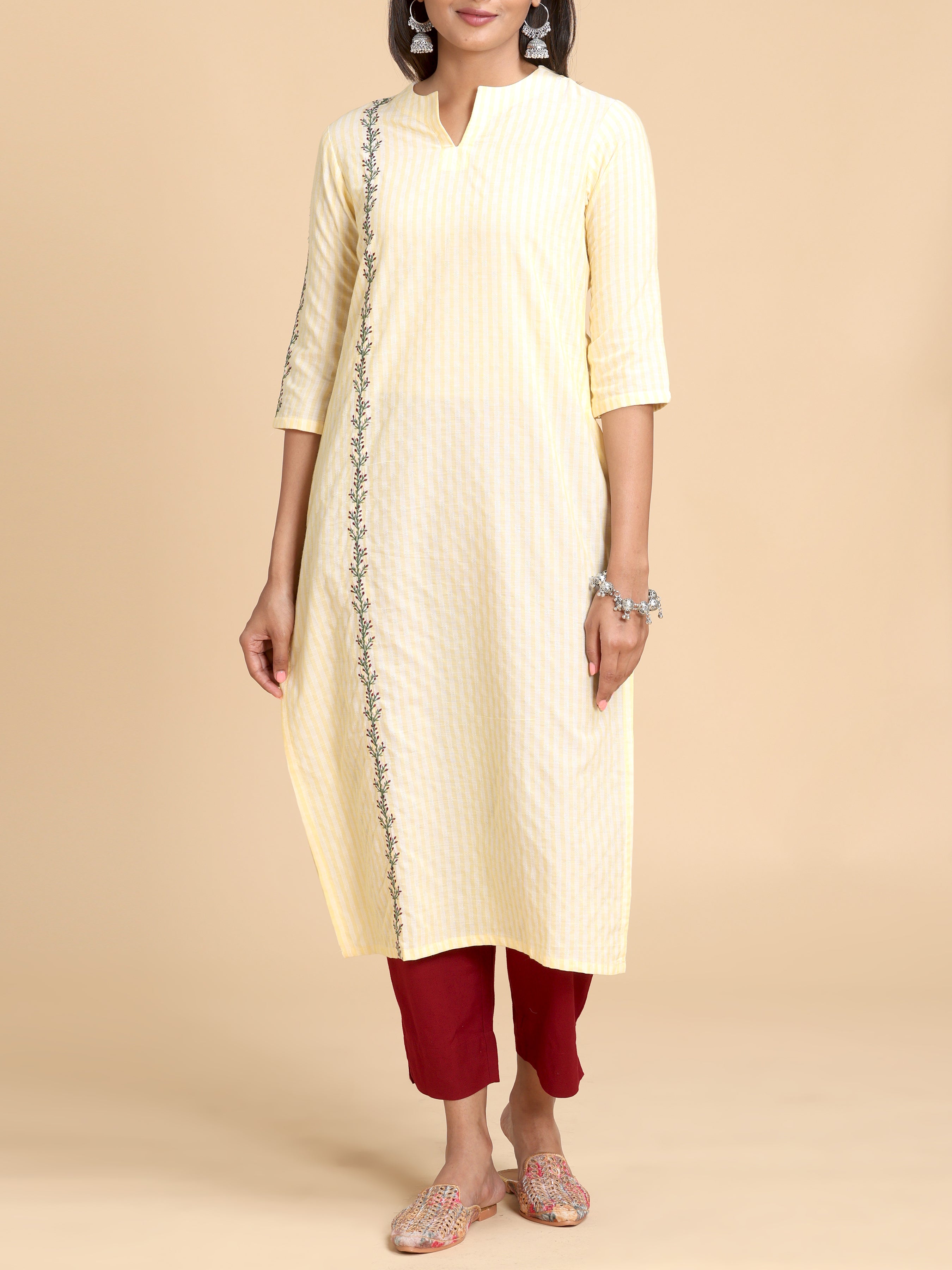 Pale Yellow Cotton Dobby Kurti With Embroidery