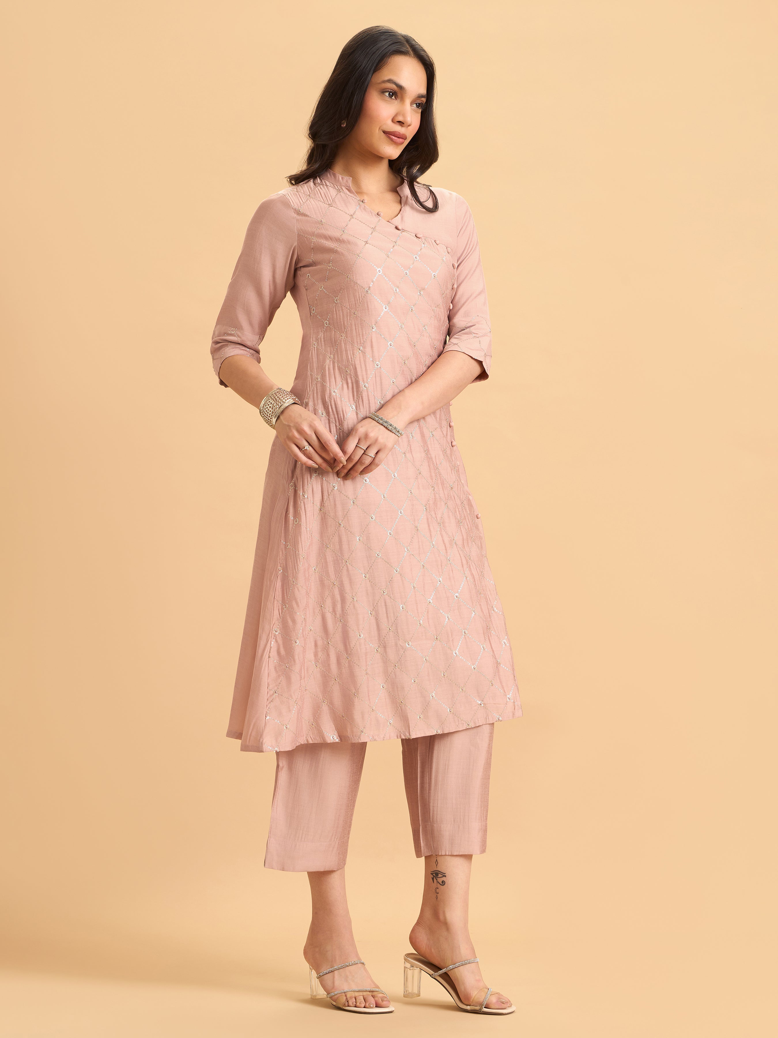 Onion Pink Viscose Plain Kurti Set With Hand Work Embroidery