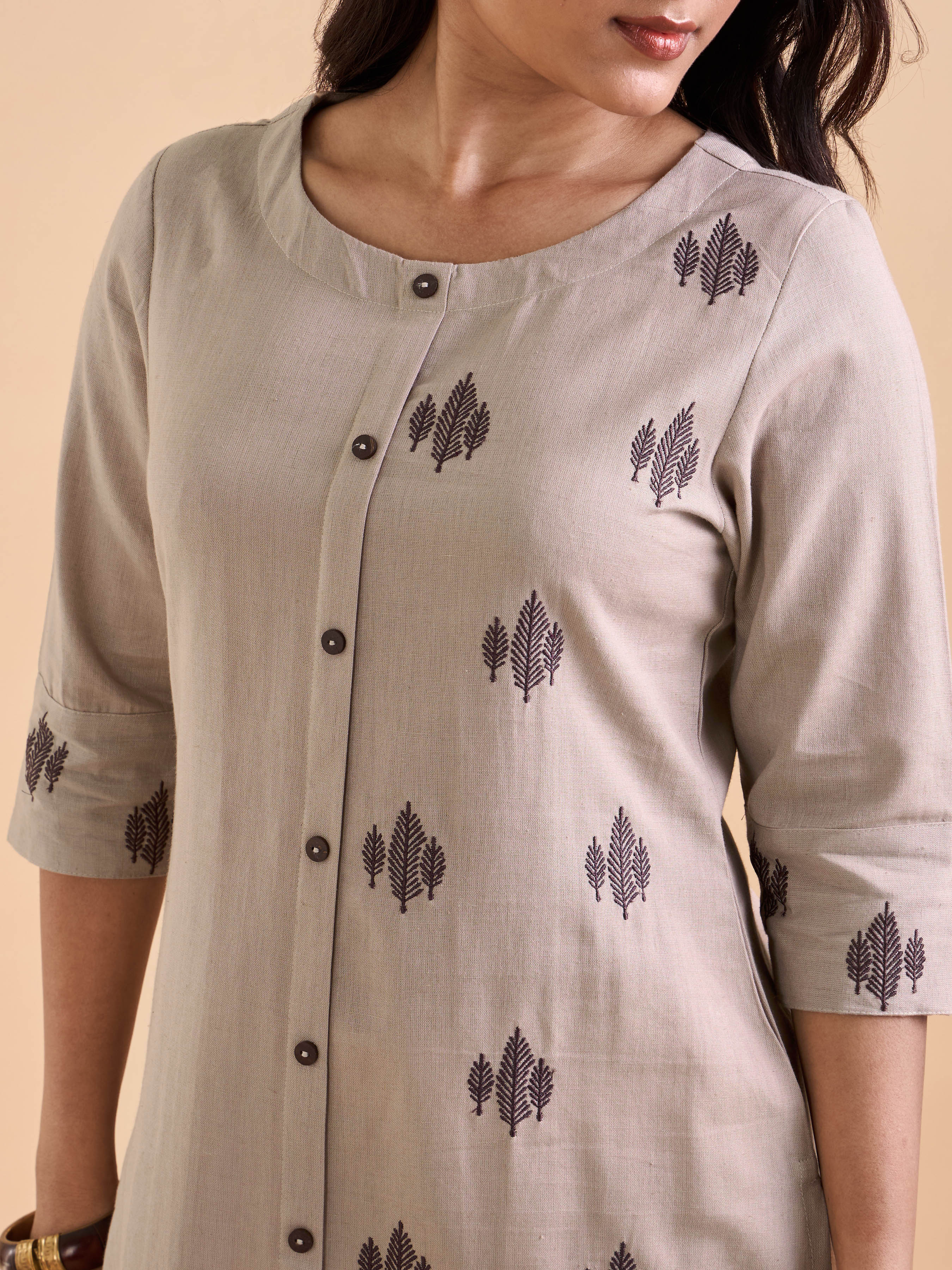 Light Brown Cotton Flax Plain Kurti With Embroidery