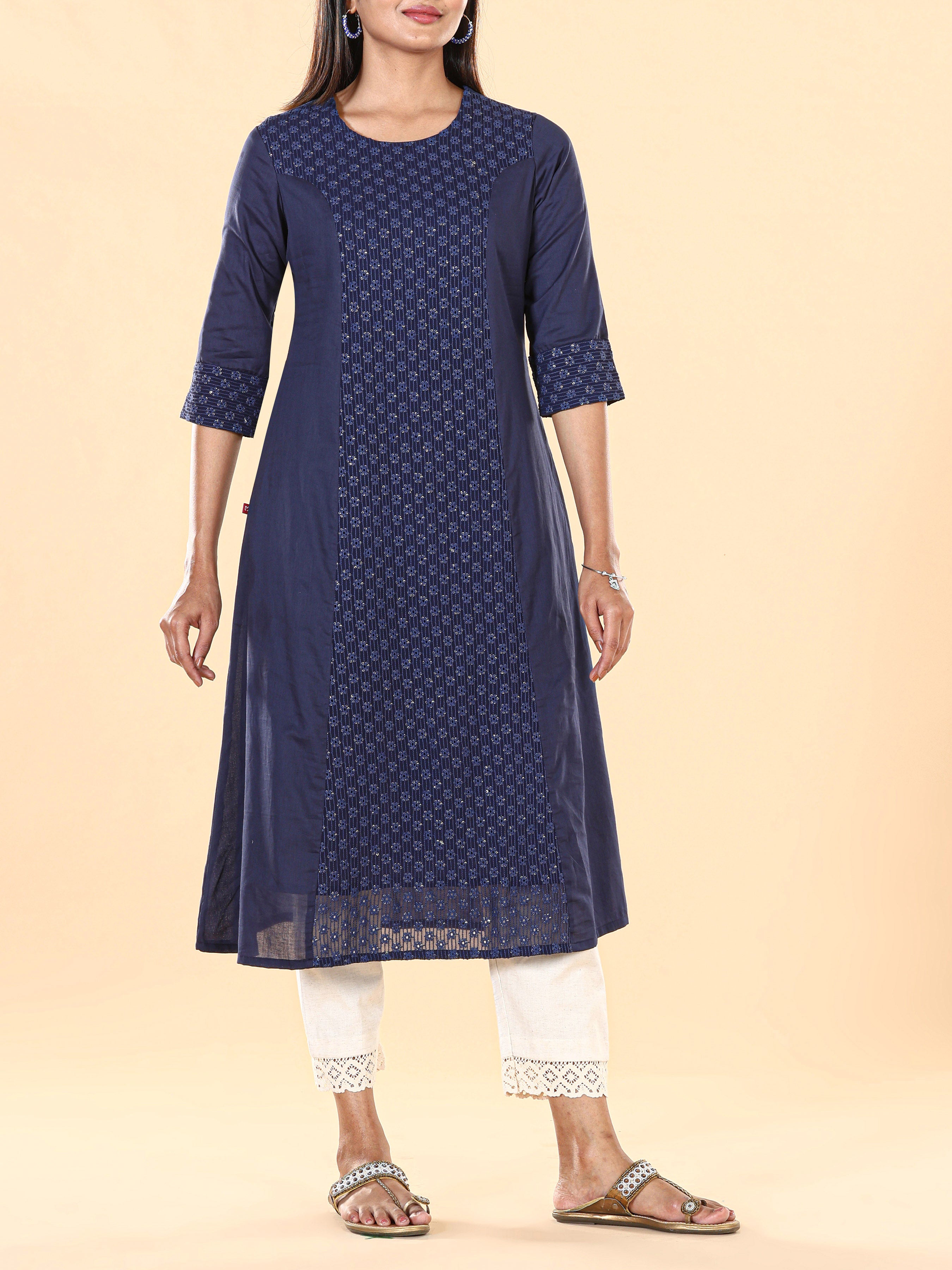 Navy Blue Pure Cotton Kurti With Sequins Work