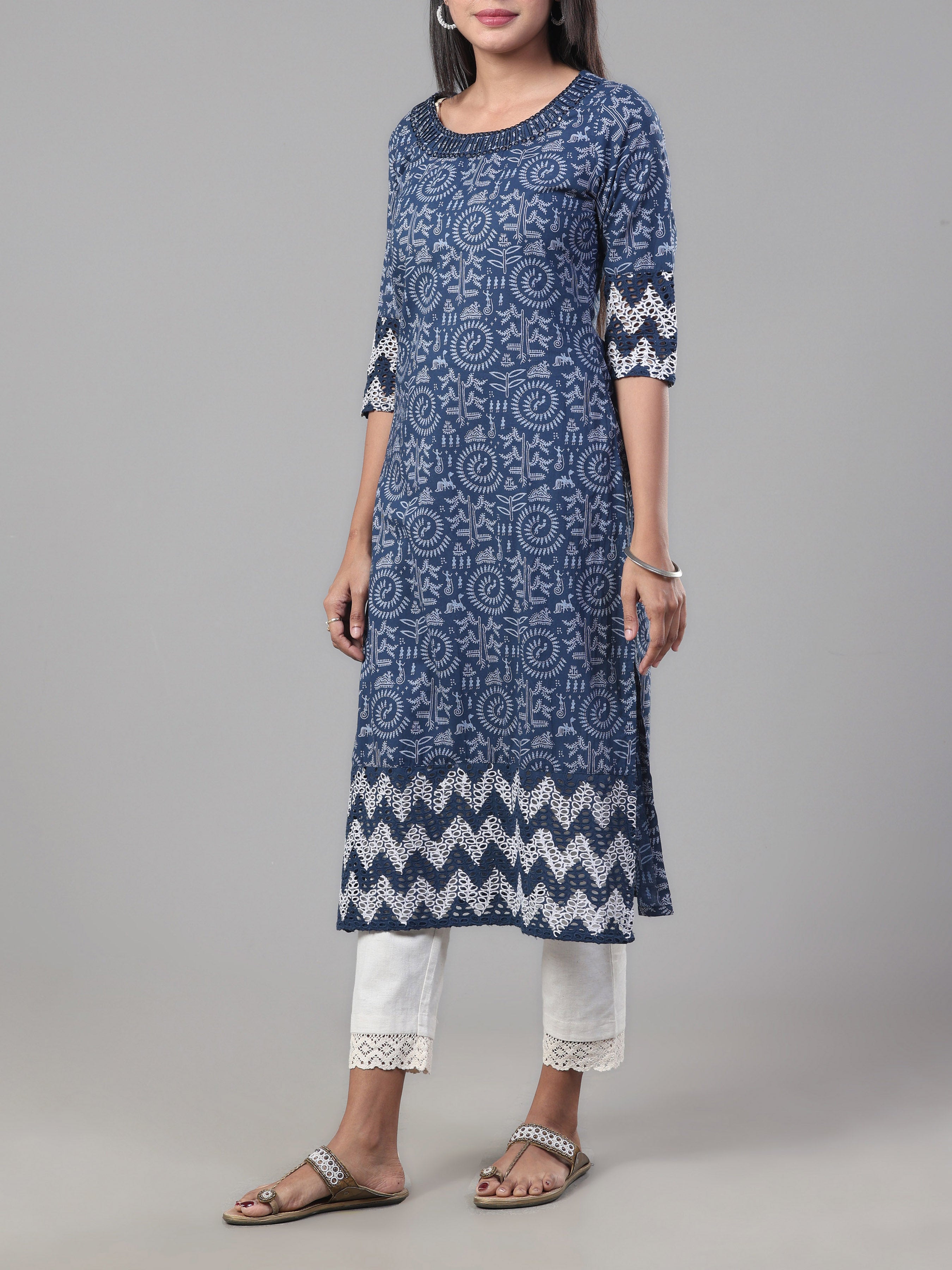 Navy Blue Pure Cotton Printed Kurti With Mirror Work