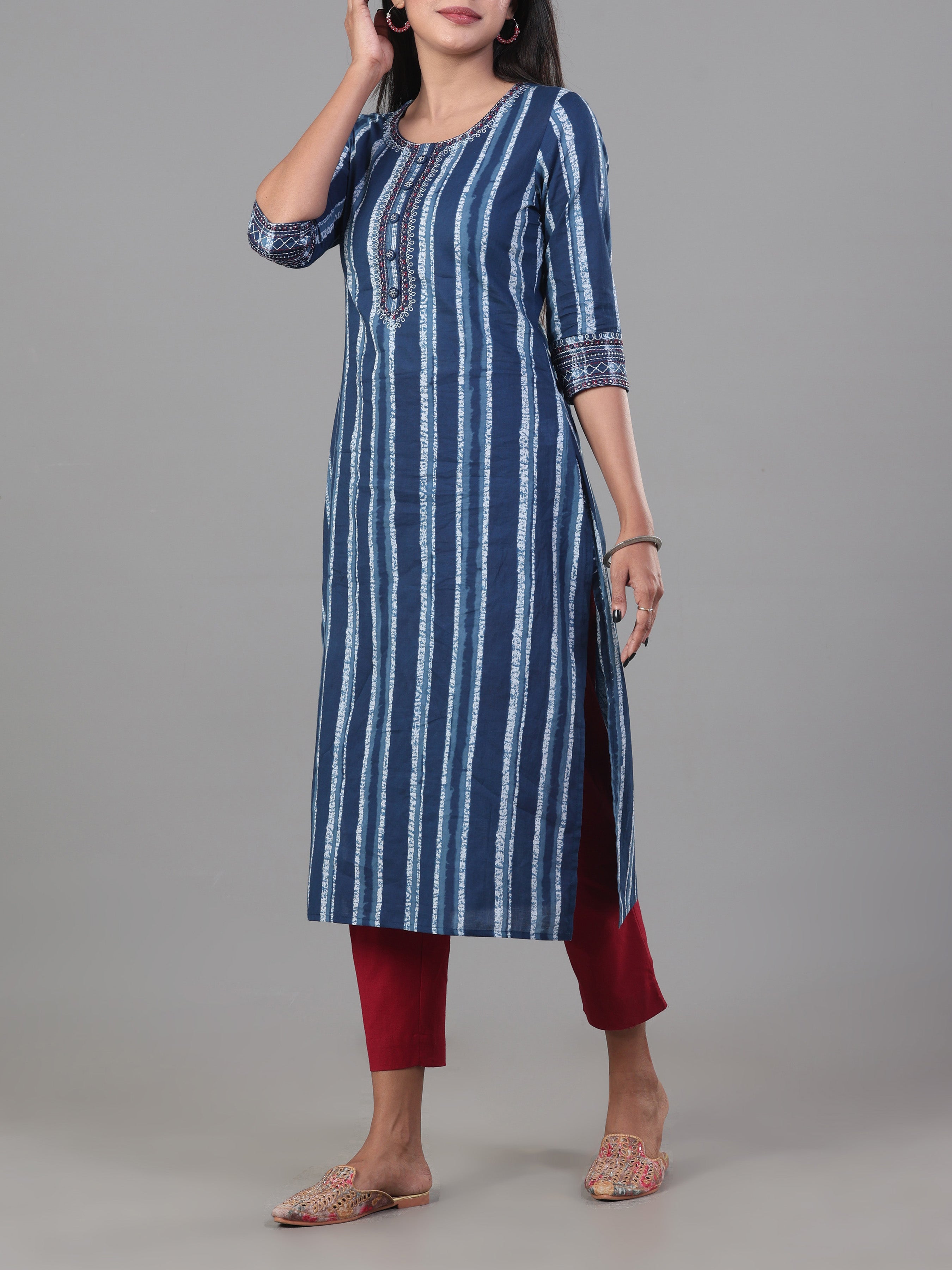 Denim Blue Pure Cotton Printed Kurti With Embroidery