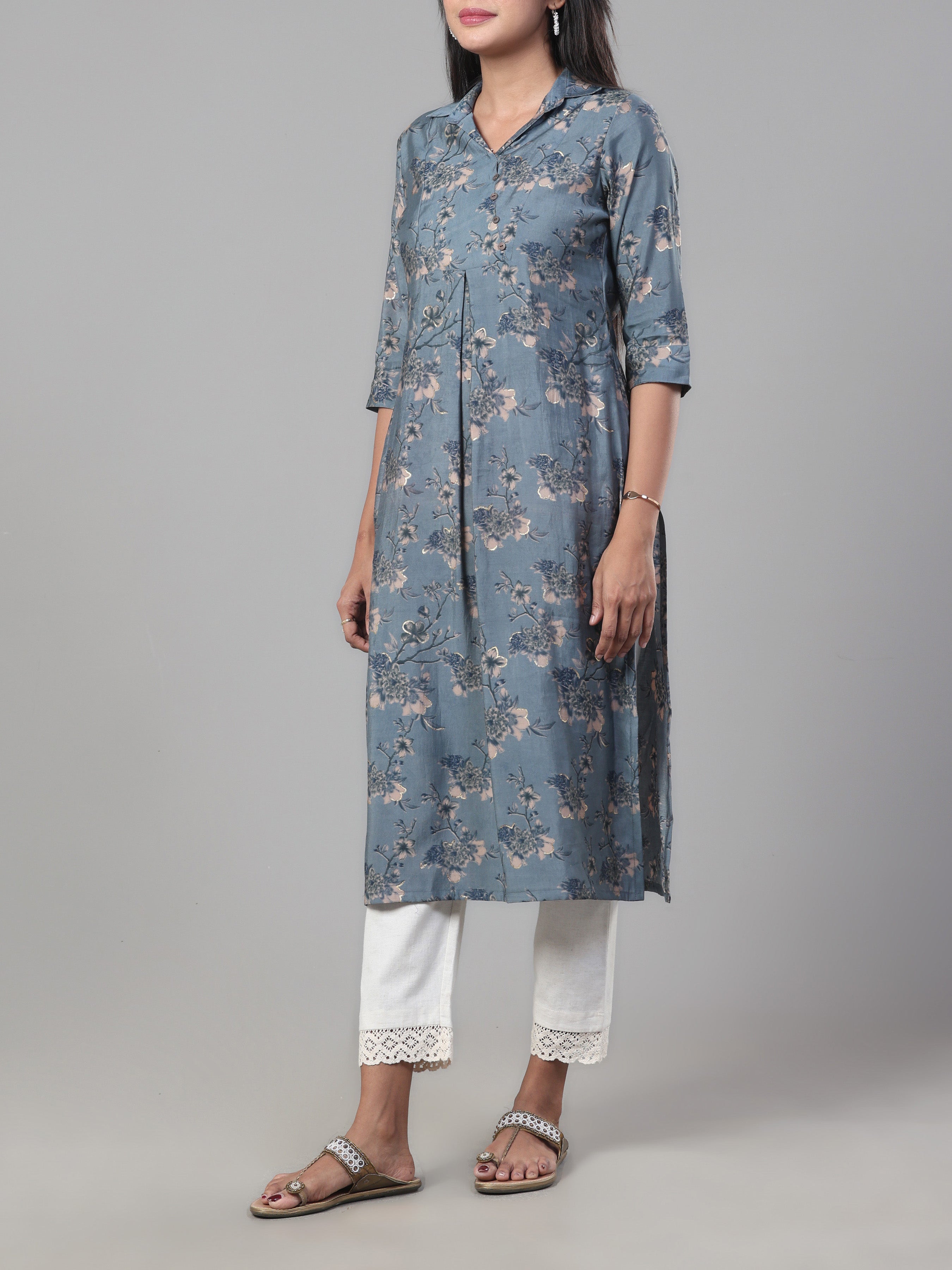 Dark Grey Modal Chanderi Printed Kurti