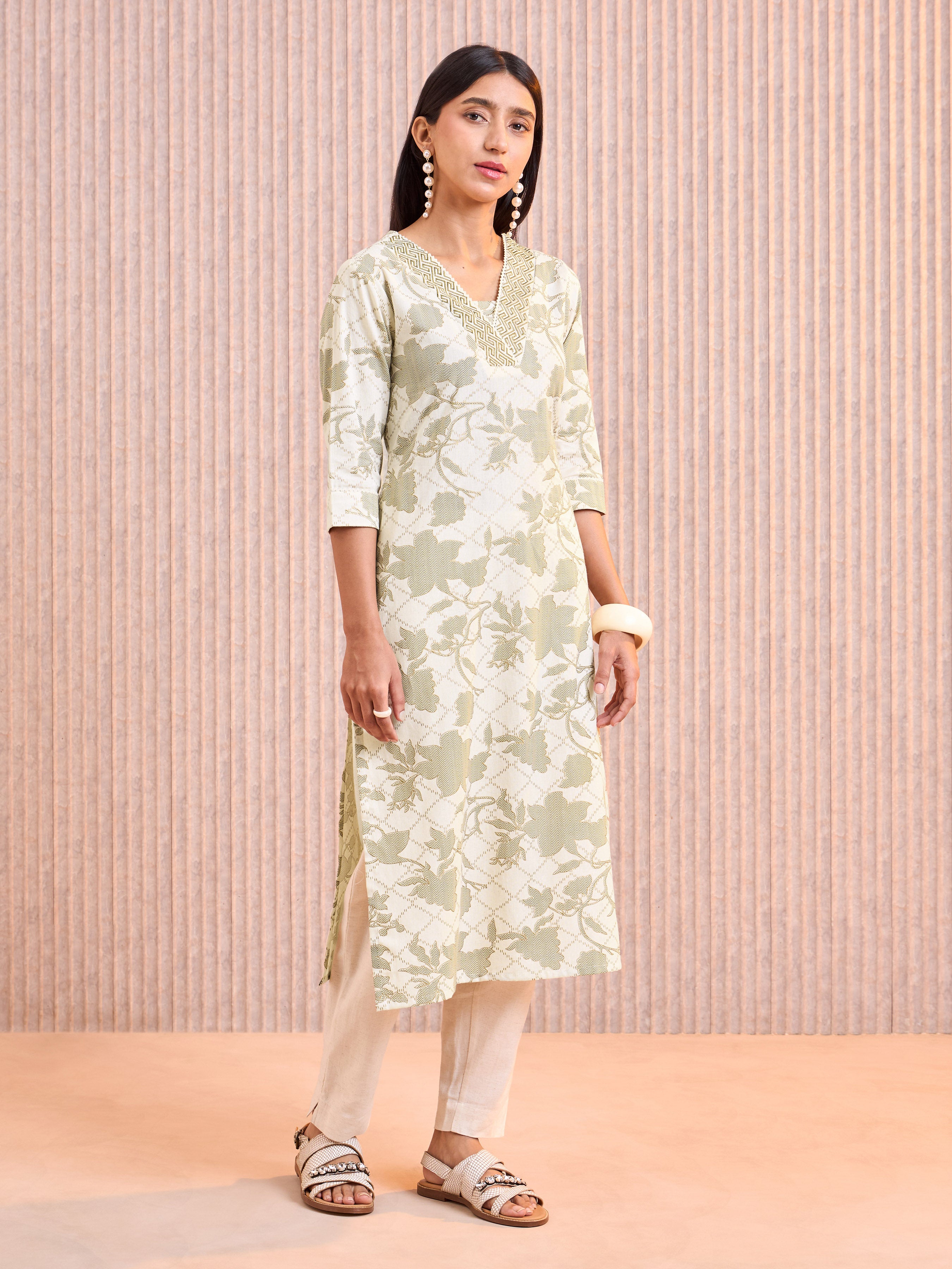 Ivory And Green Cotton Flax Foil Printed Kurti With Embroidery & Lace Detailing