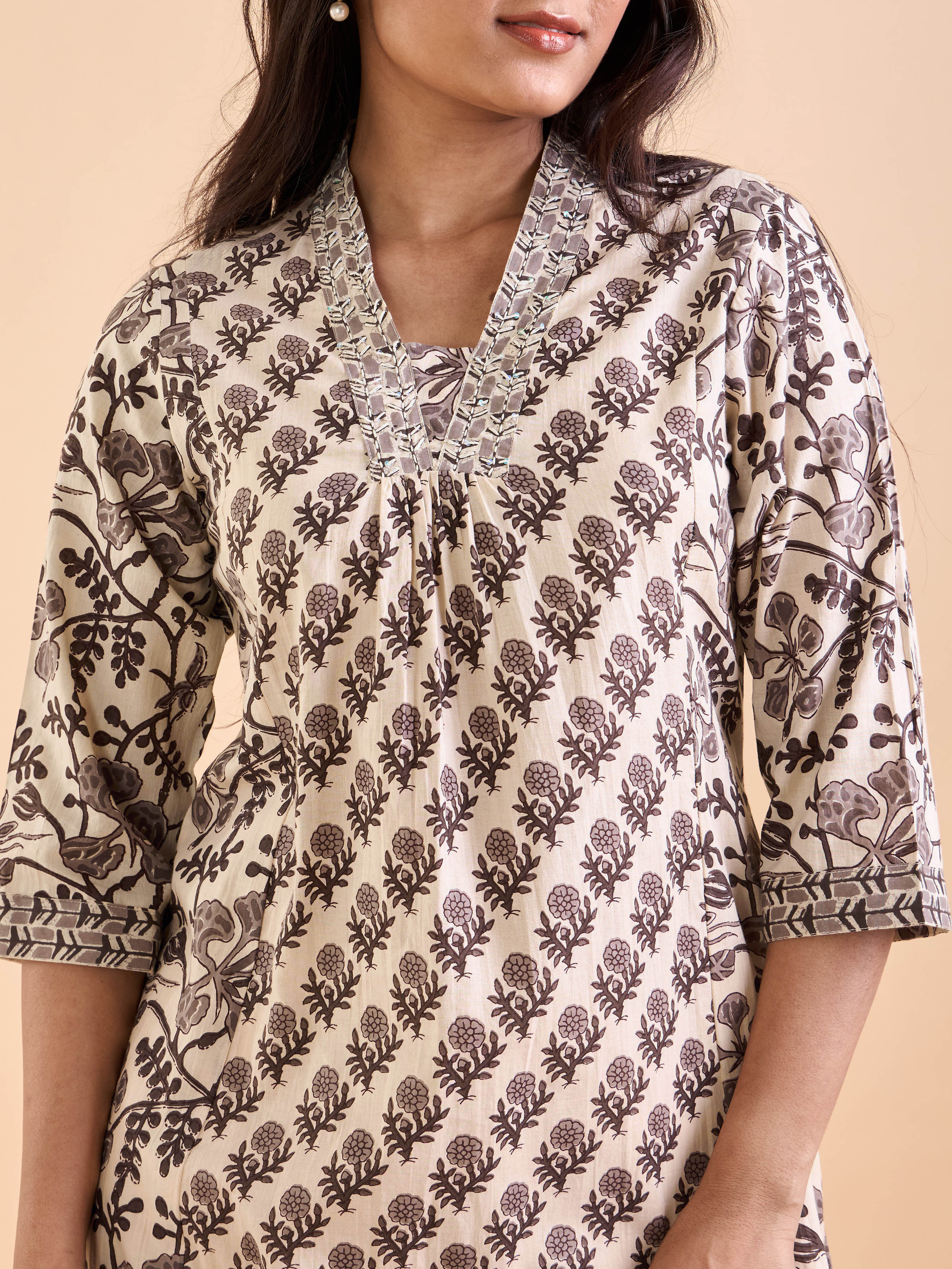 Ivory And Brown PureCotton Printed Kurti With Embroidery