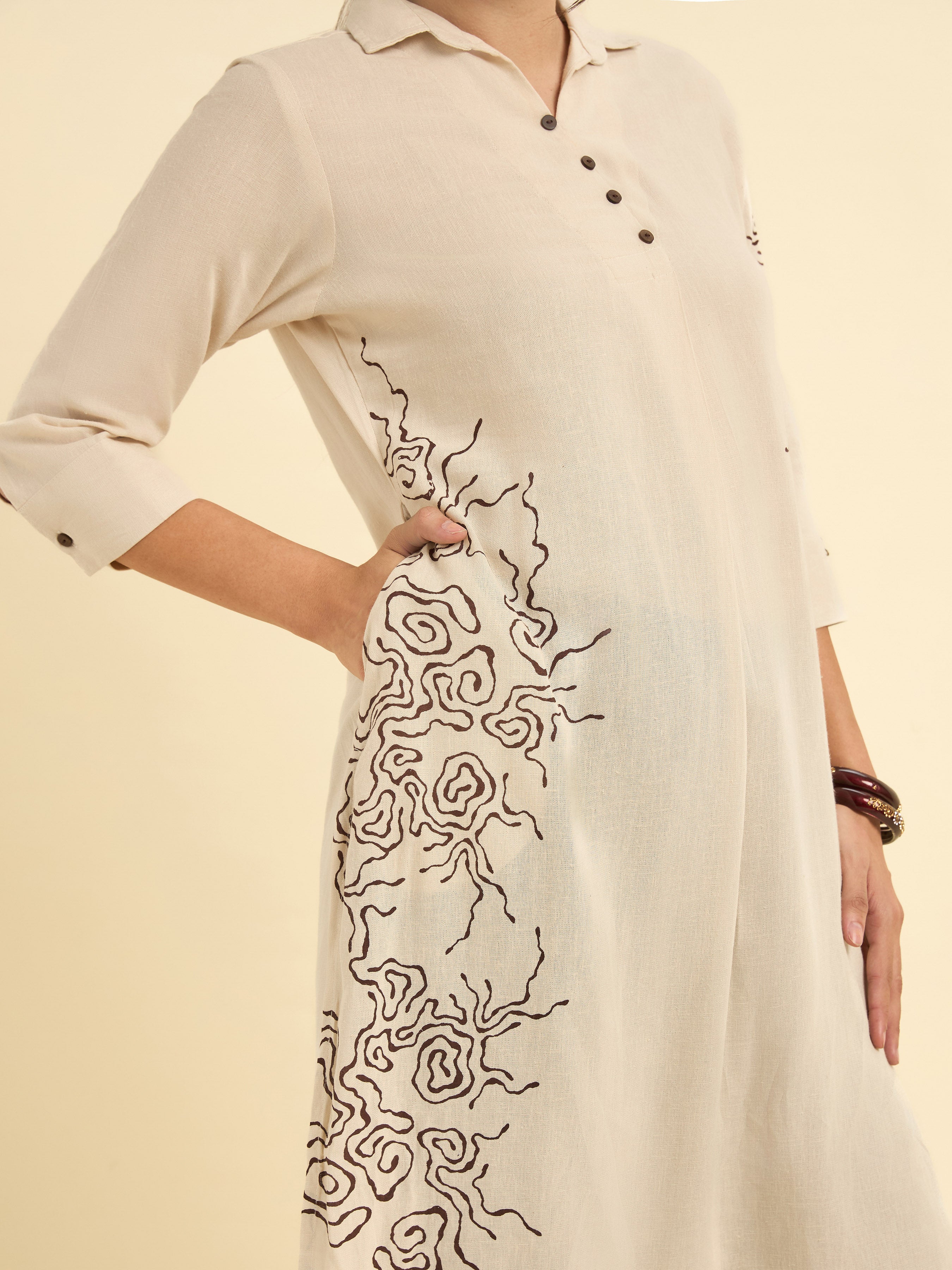 Ivory Colour Viscose Linen Kurti With Placement Print with Bottom