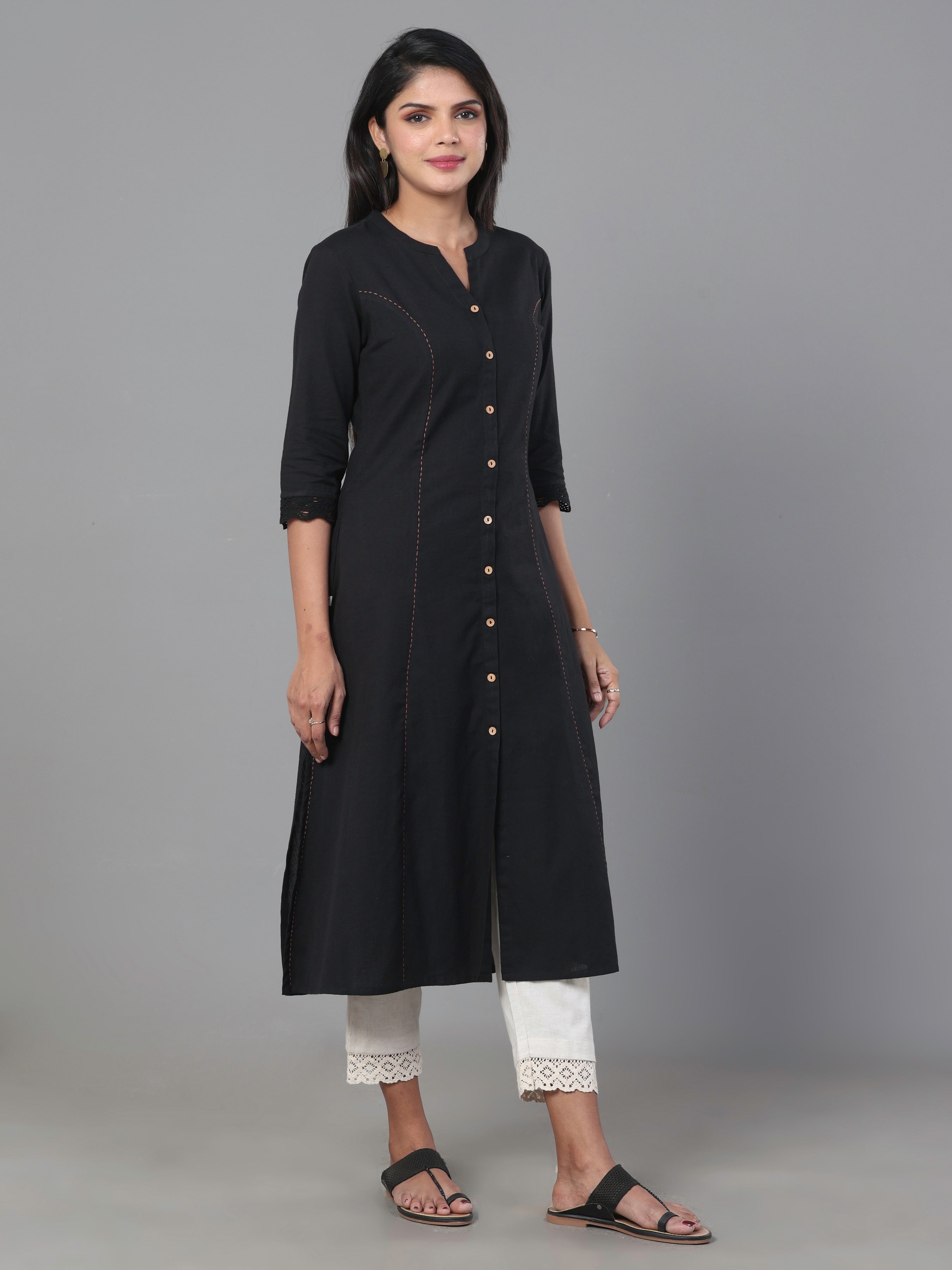 Black Cotton Flax Plain Kurti With Button Placket