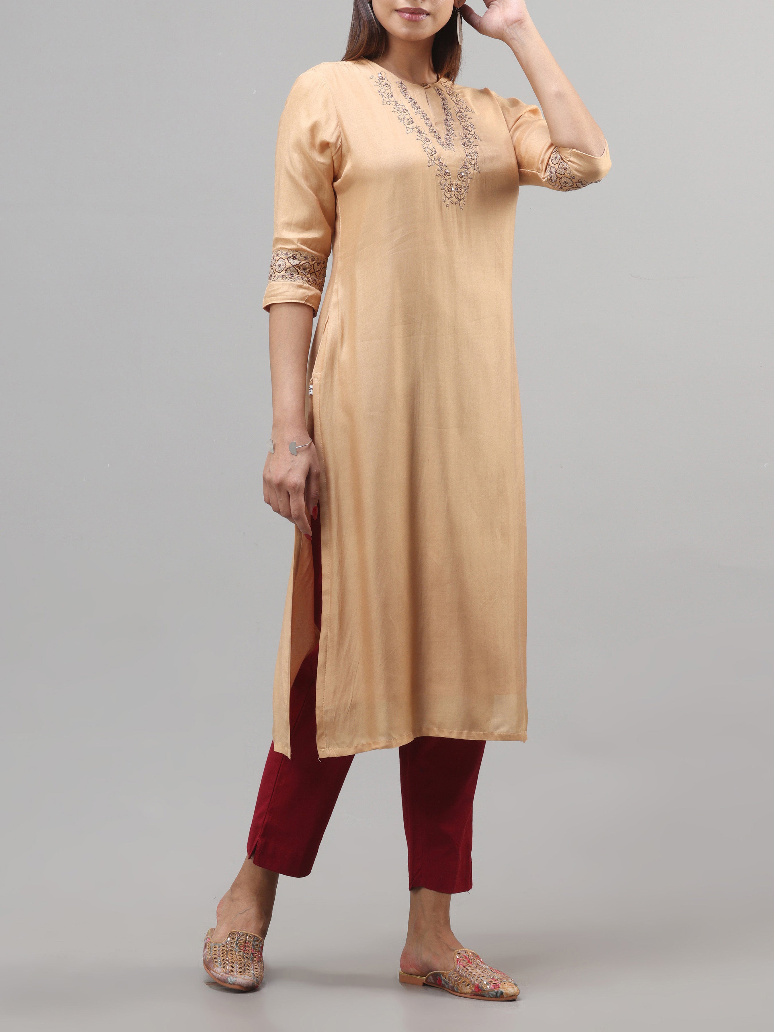 Beige Viscose Plain Kurti With Embroidery