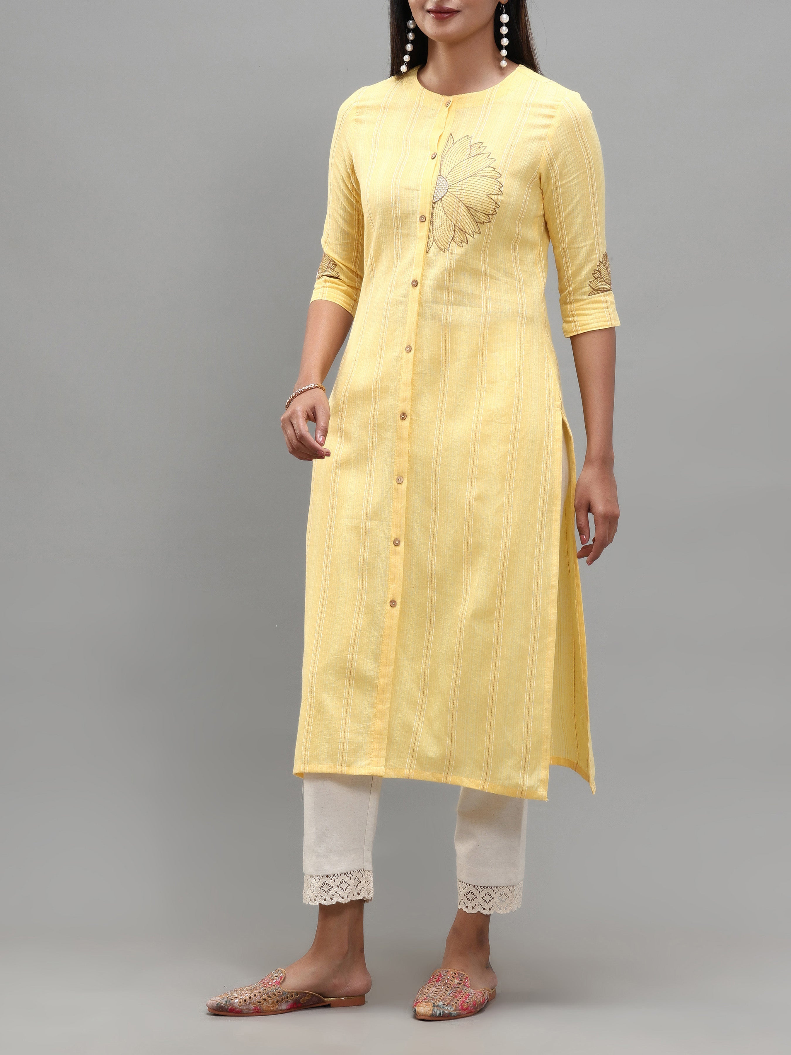 Pale Yellow Cotton Dobby Kurti With Embroidery