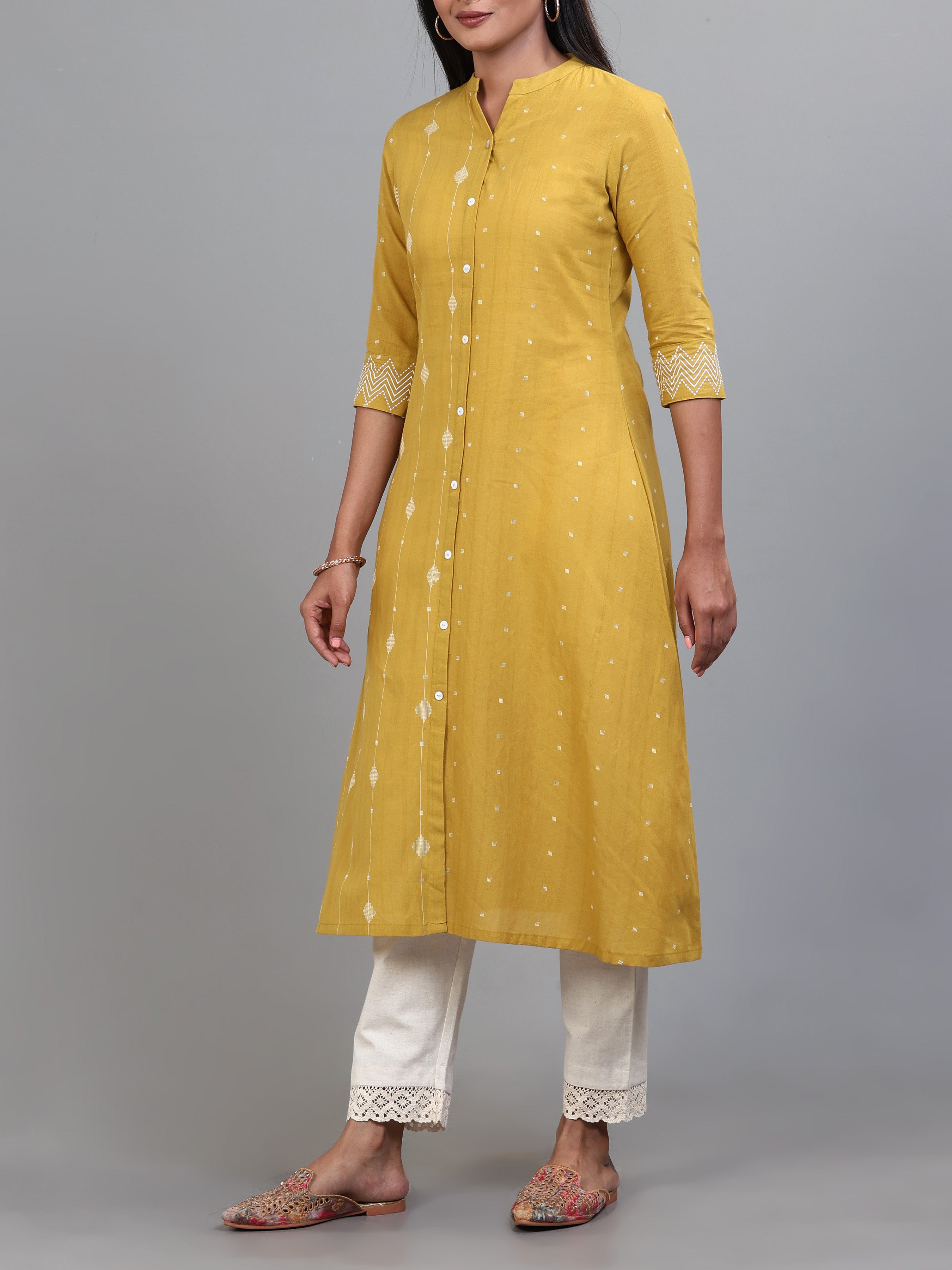 Pale Yellow Cotton Dobby Kurti With Embroidery