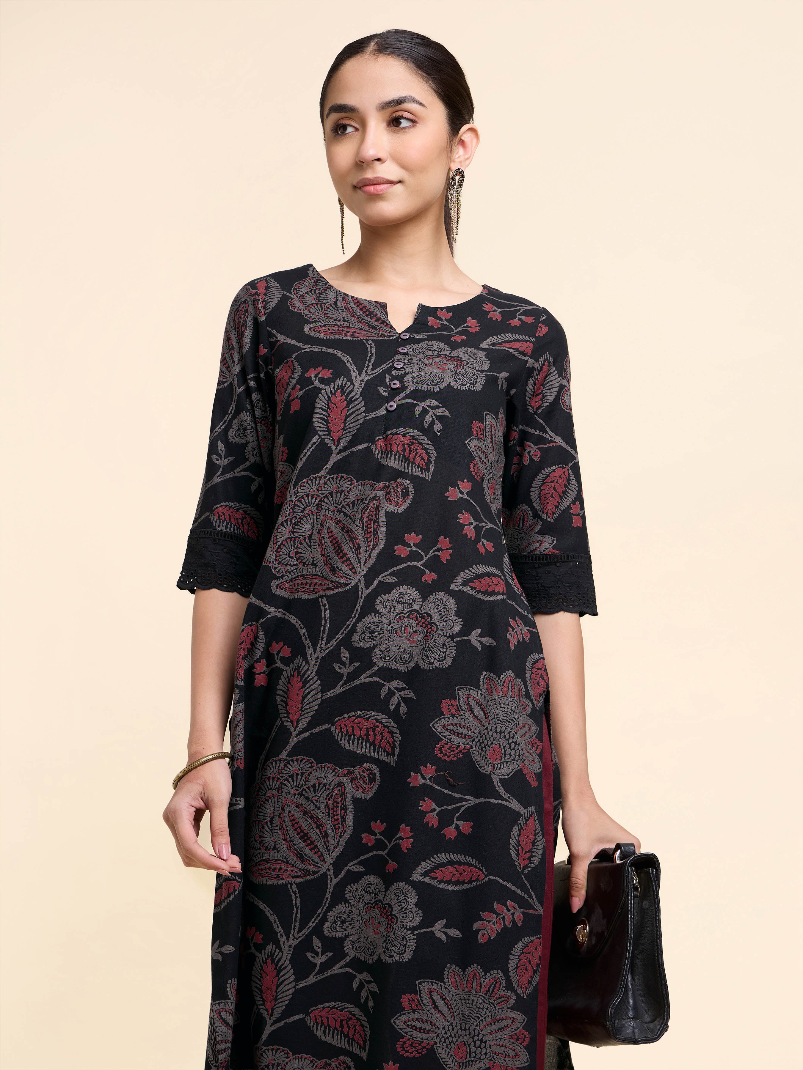Black Multicolour Cotton Flax Printed Slitted Kurti With Lace