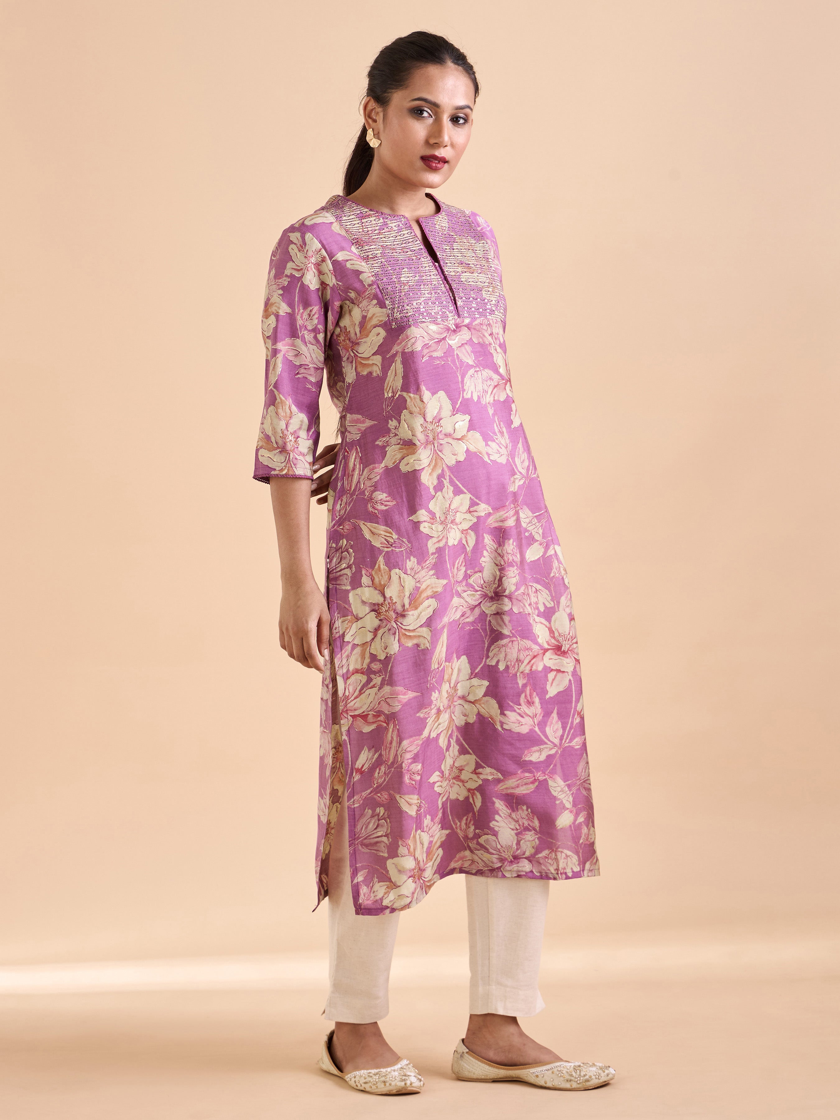 Onion Pink And Beige Modal Chanderi Printed Kurti With Seequins Work