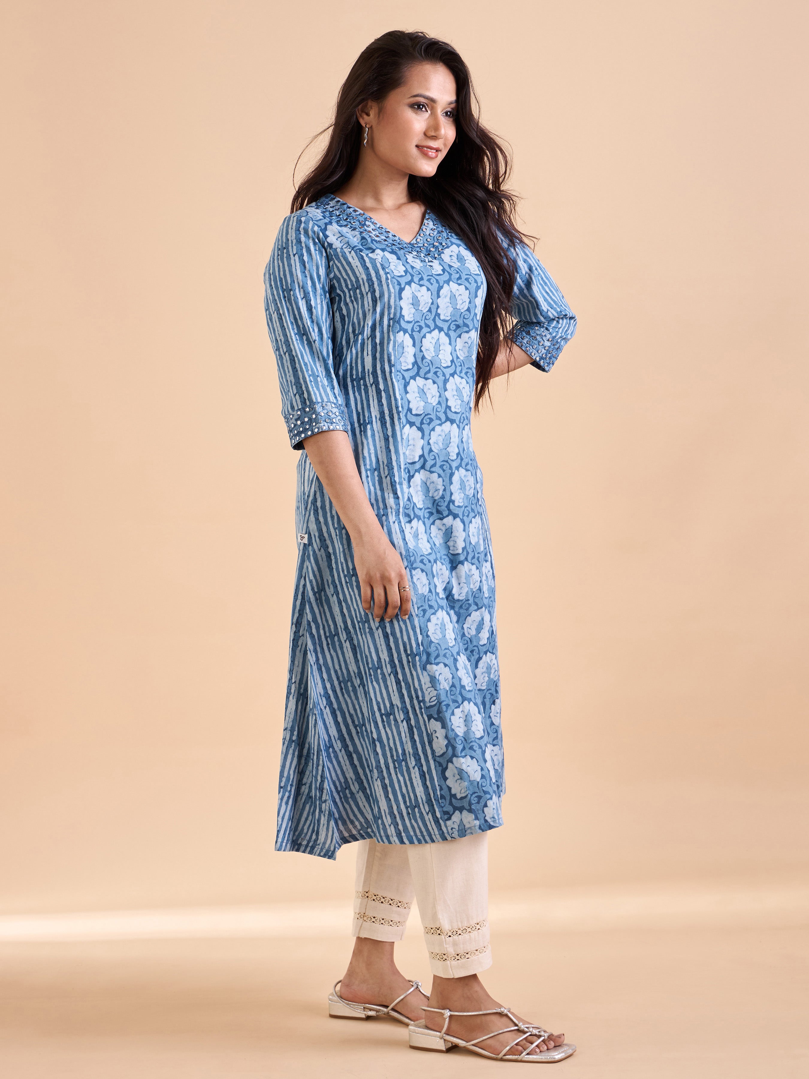 Blue Pure Cotton Printed Kurti With mirror Work