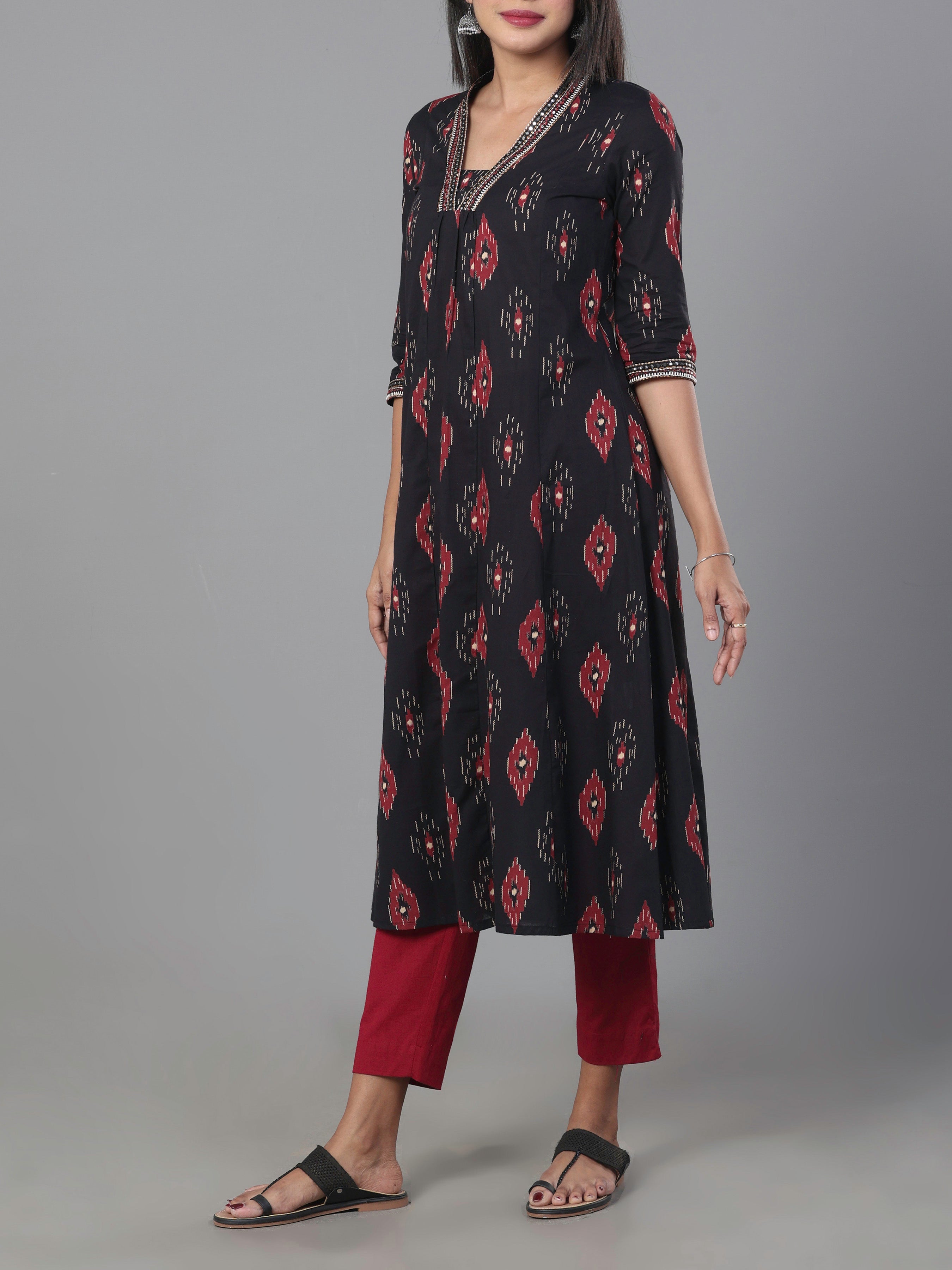 Black Pure Cotton Printed Kurti With Embroidery