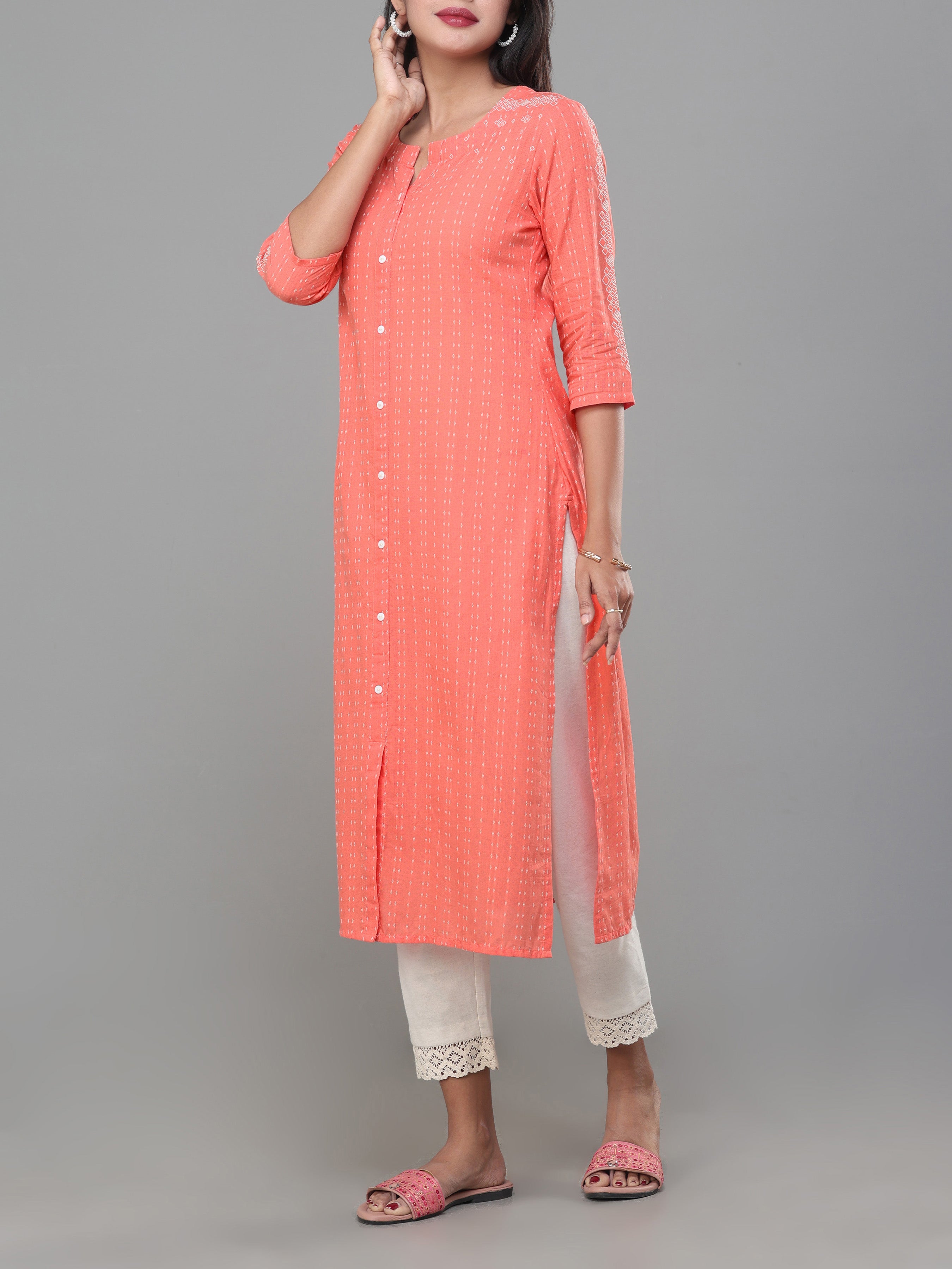 Peach Cotton Dobby Kurti With Embroidery