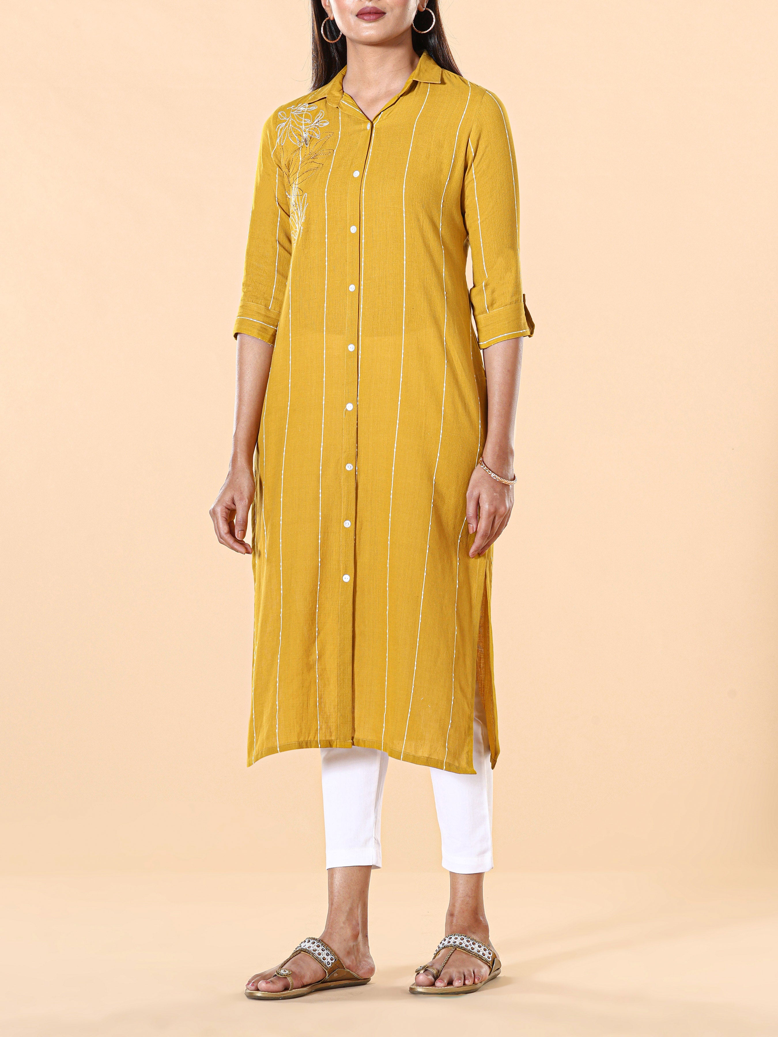Mustard Yellow Cotton Dobby Kurti With Shirt Collar