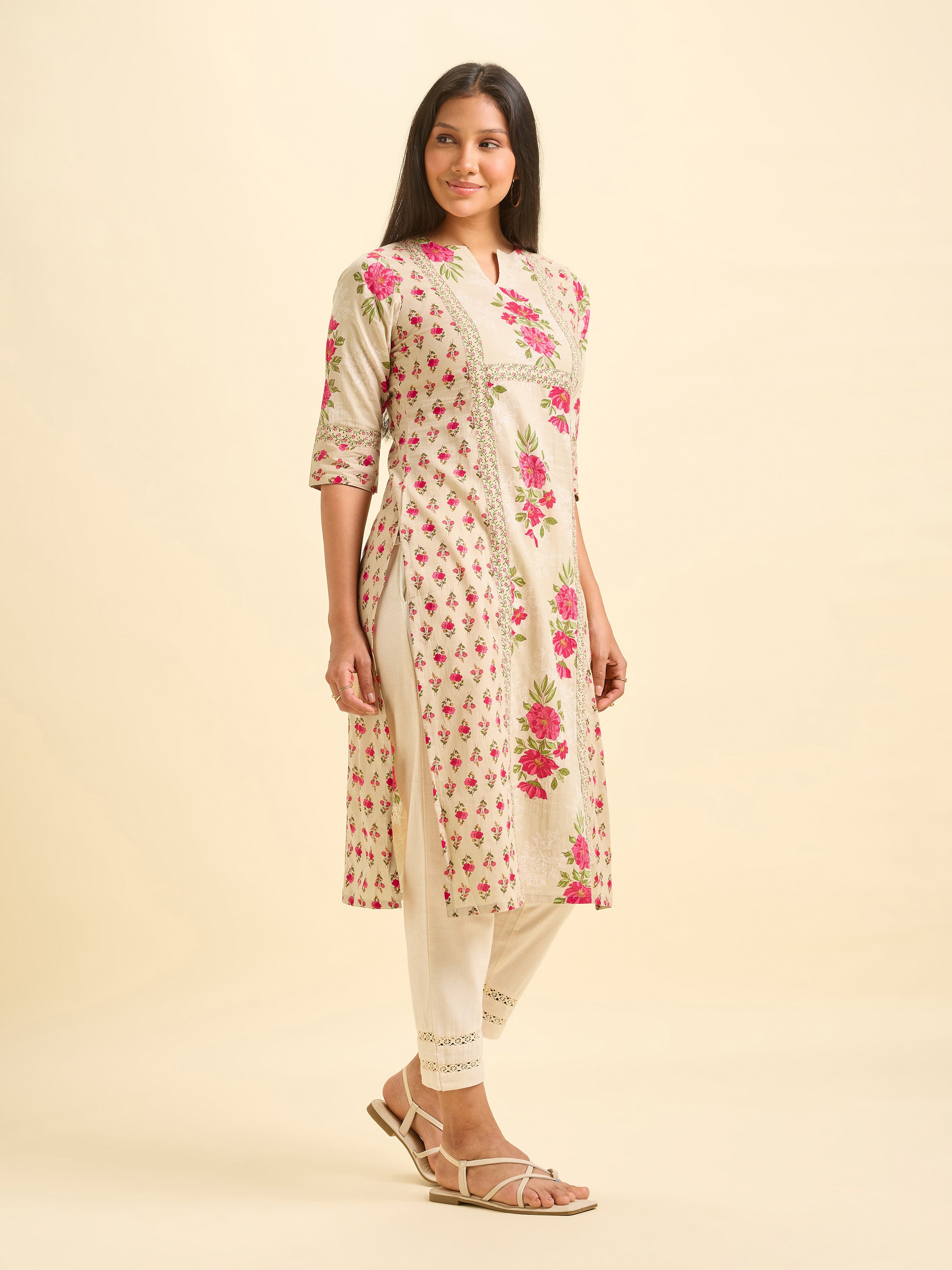 Biege Pink Pure Cotton Print Slited Kurti With Centre Panel